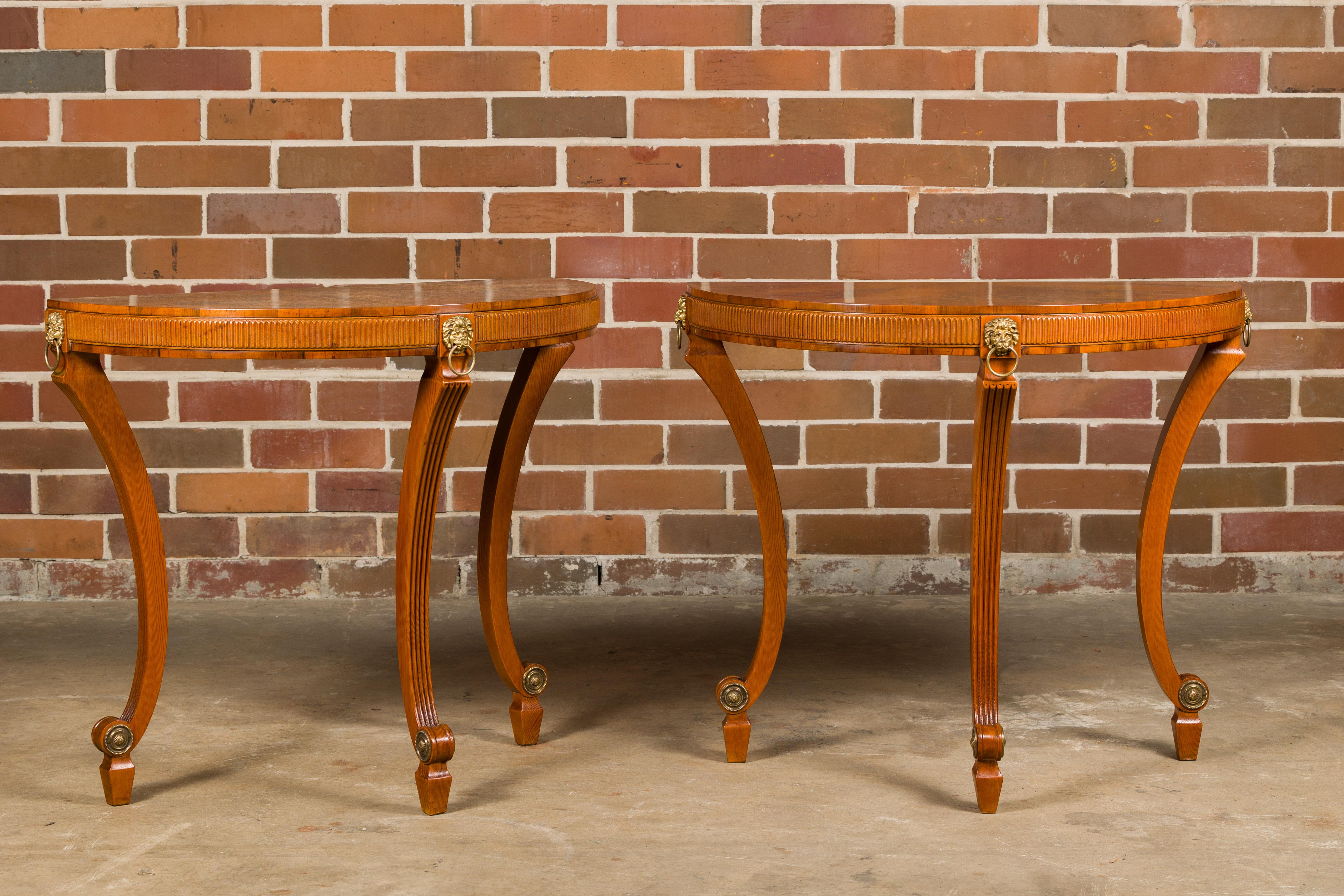 Veneer English 1960s Yew, Pine and Giltwood Demilune Console Tables, a Pair For Sale