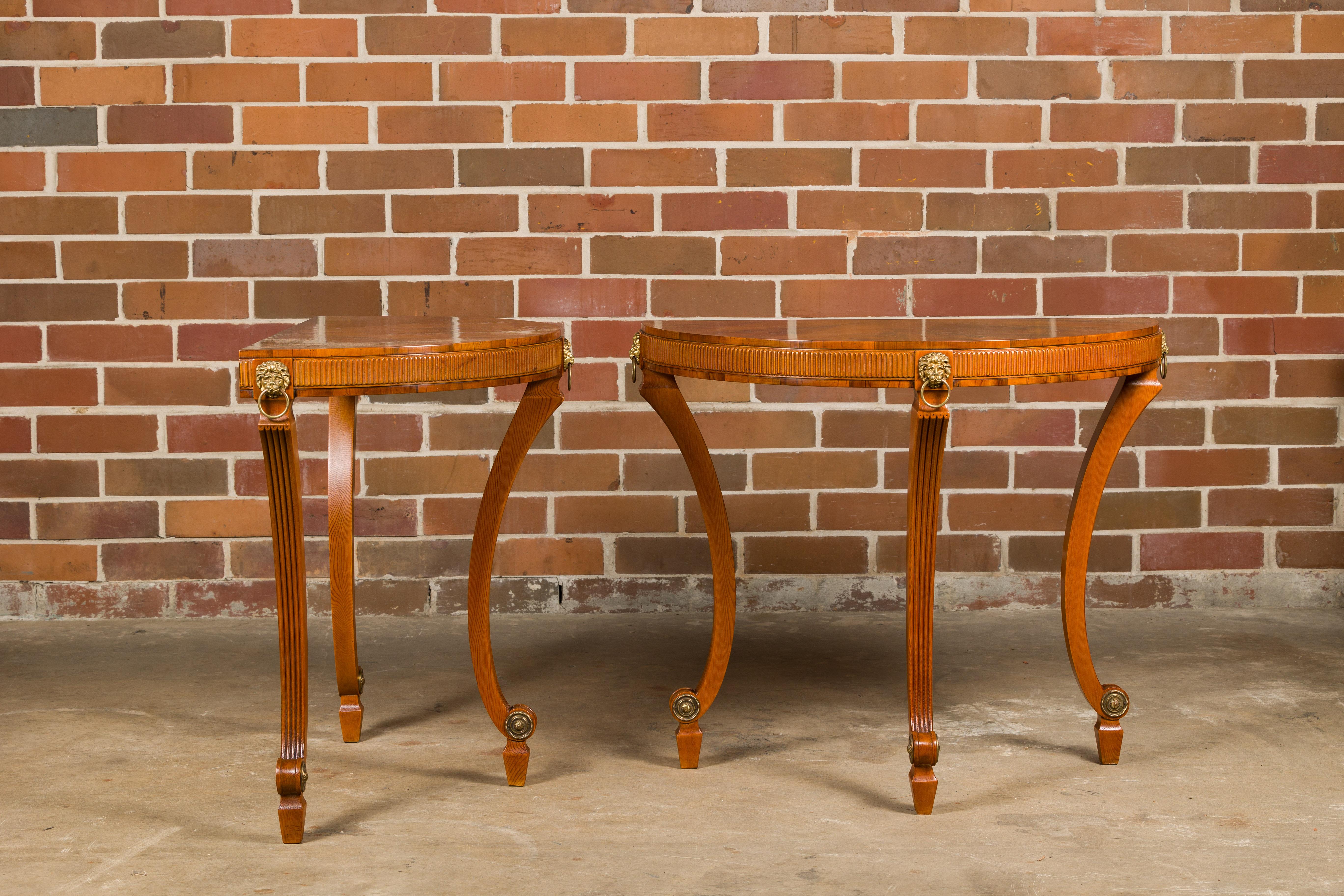 English 1960s Yew, Pine and Giltwood Demilune Console Tables, a Pair In Good Condition For Sale In Atlanta, GA