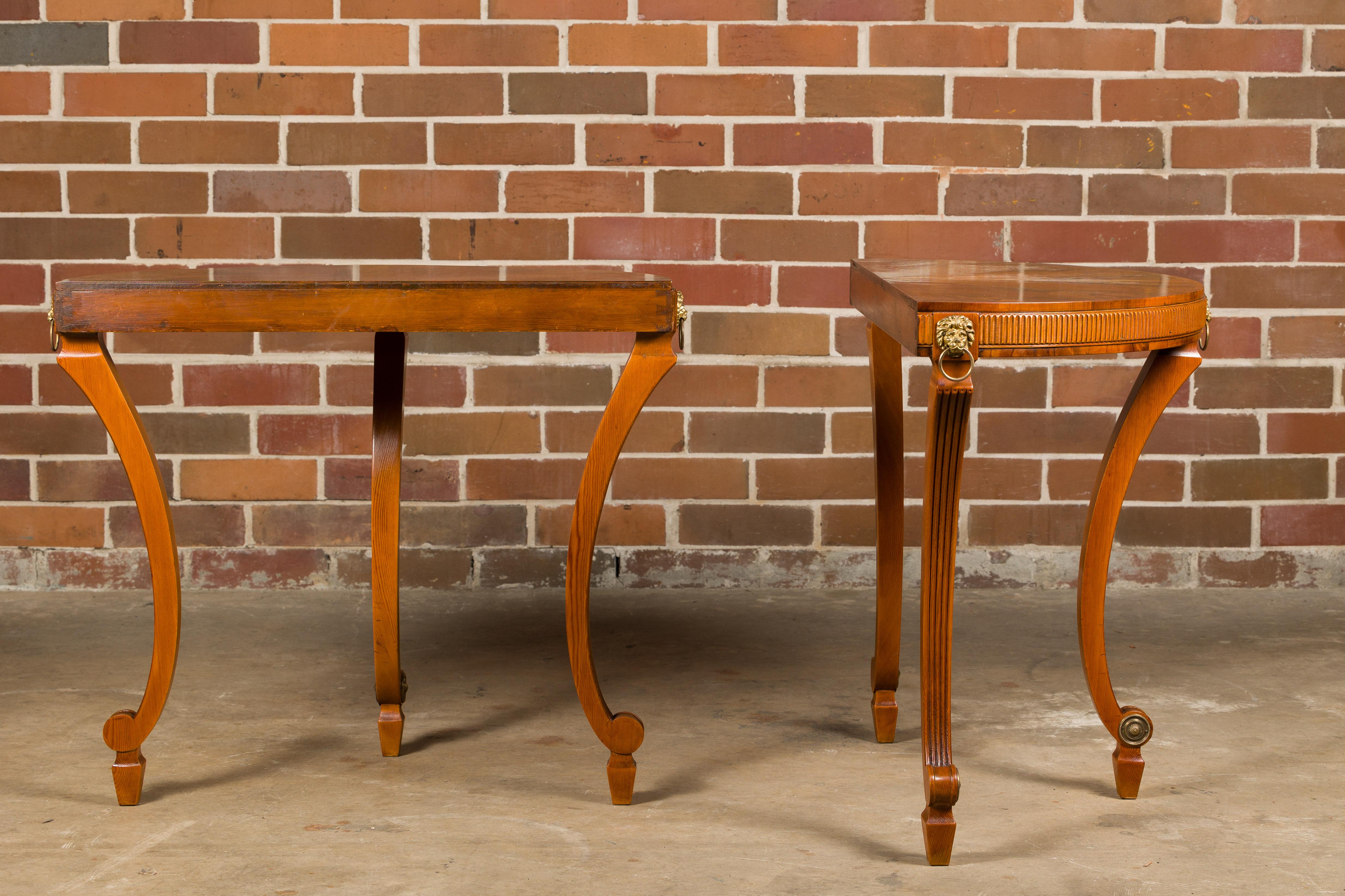 20th Century English 1960s Yew, Pine and Giltwood Demilune Console Tables, a Pair For Sale
