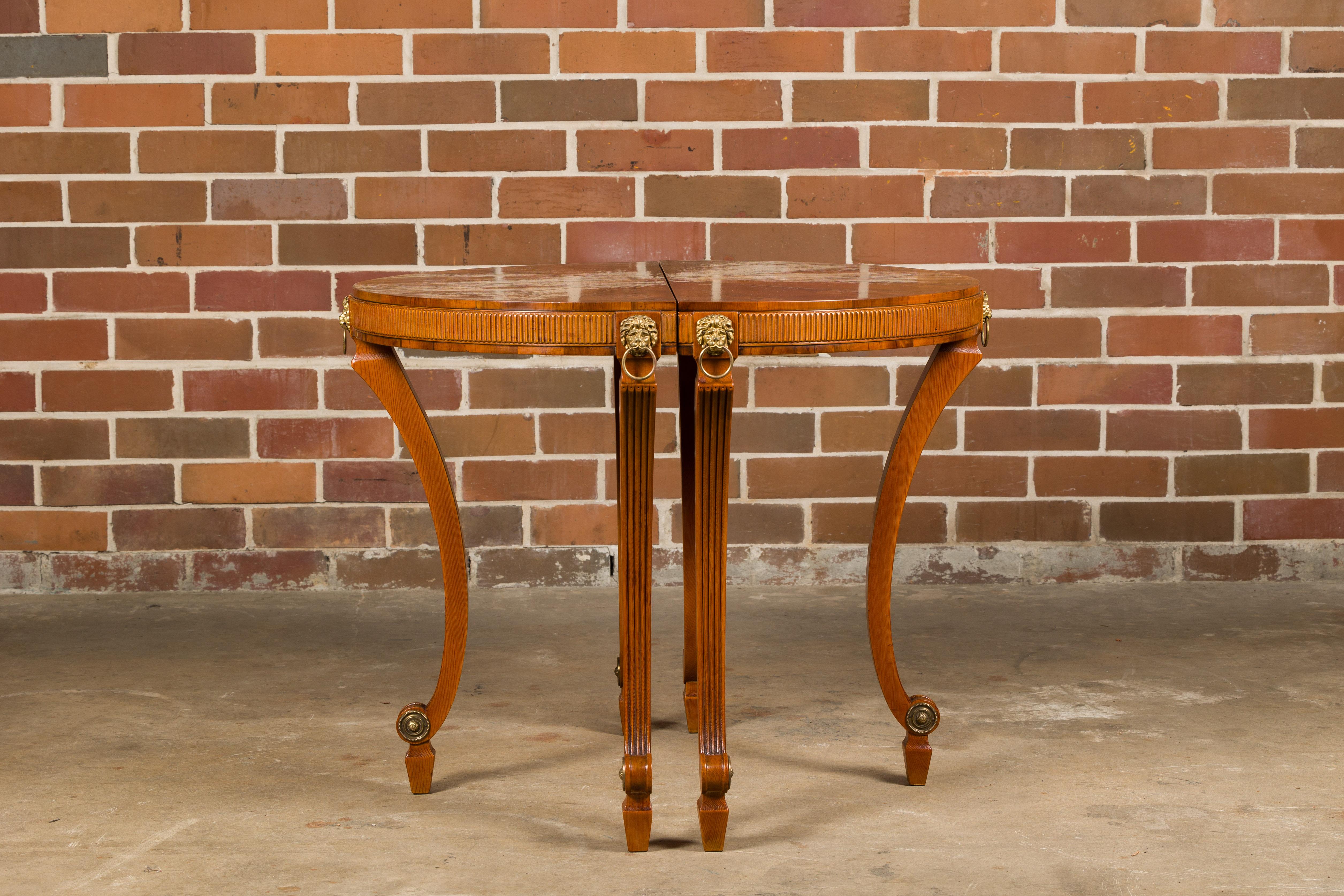 English 1960s Yew, Pine and Giltwood Demilune Console Tables, a Pair For Sale 1