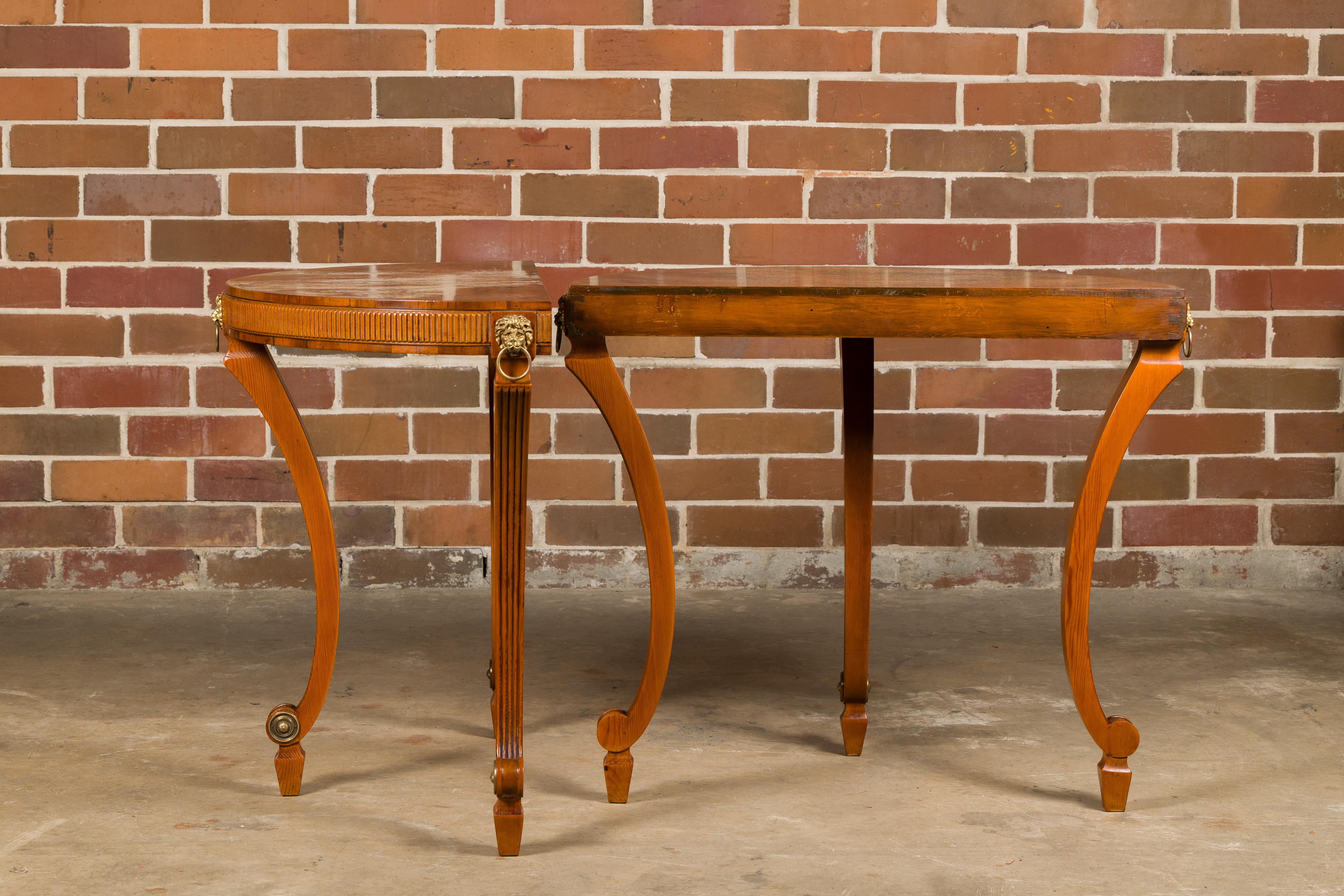 English 1960s Yew, Pine and Giltwood Demilune Console Tables, a Pair For Sale 2