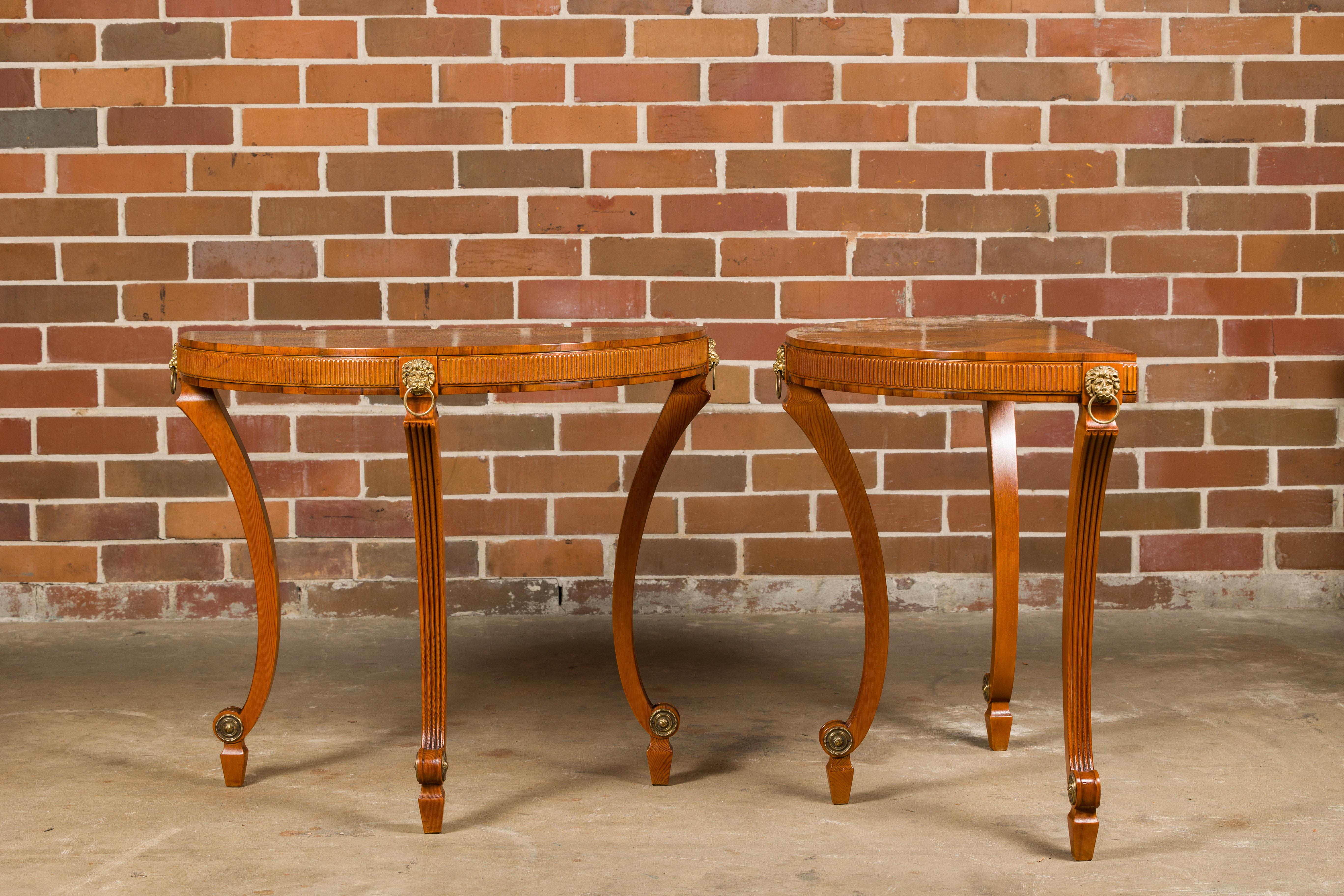 English 1960s Yew, Pine and Giltwood Demilune Console Tables, a Pair For Sale 3