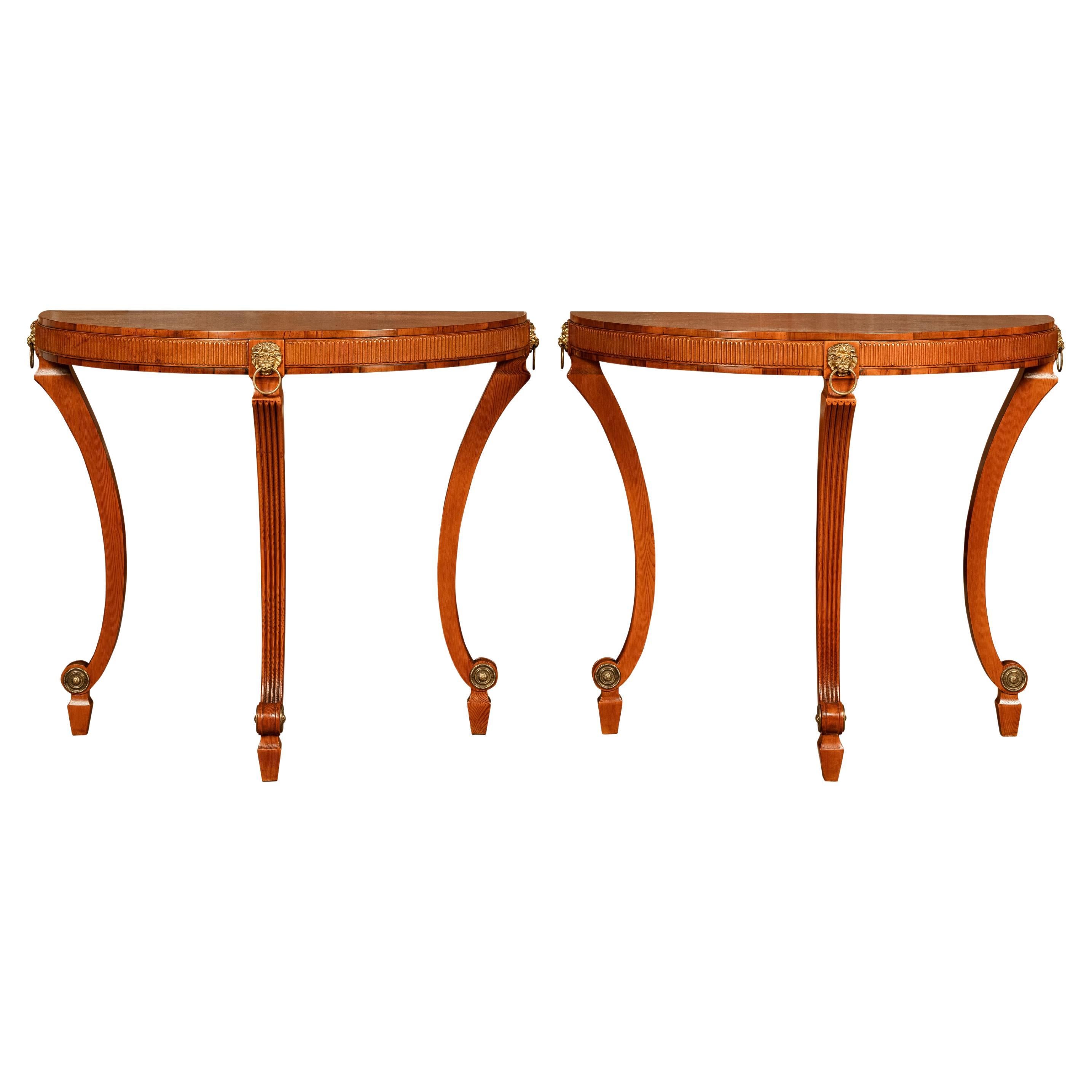 English 1960s Yew, Pine and Giltwood Demilune Console Tables, a Pair For Sale