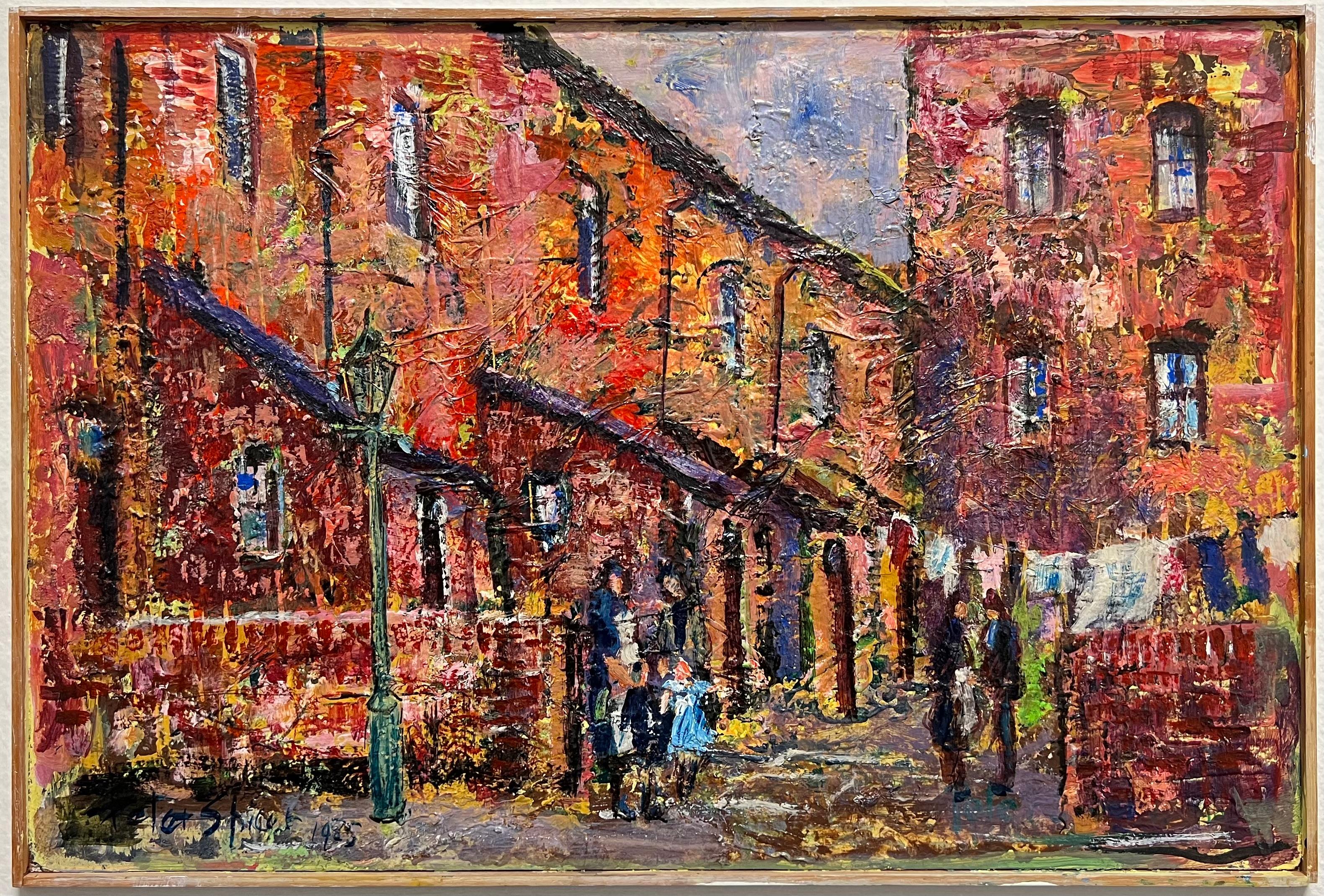 Large English Post Impressionist Signed Oil Painting Street Scene Washing Line - Brown Landscape Painting by English 1980's