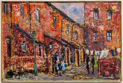 Large English Post Impressionist Signed Oil Painting Street Scene Washing Line
