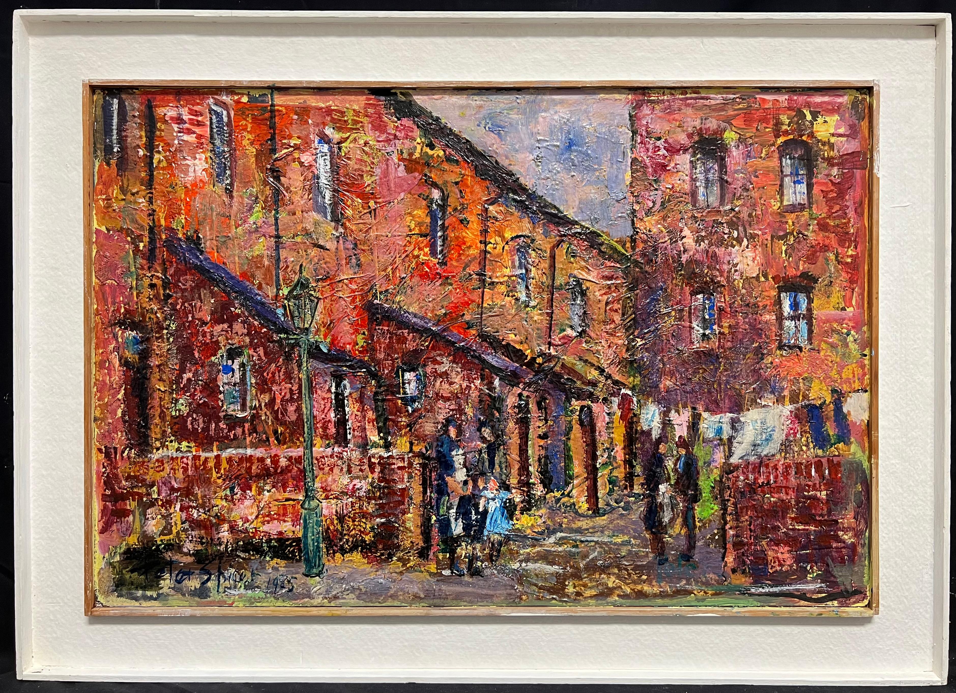 English 1980's Landscape Painting - Large English Post Impressionist Signed Oil Painting Street Scene Washing Line