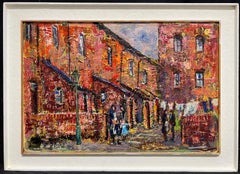 Large English Post Impressionist Signed Oil Painting Street Scene Washing Line