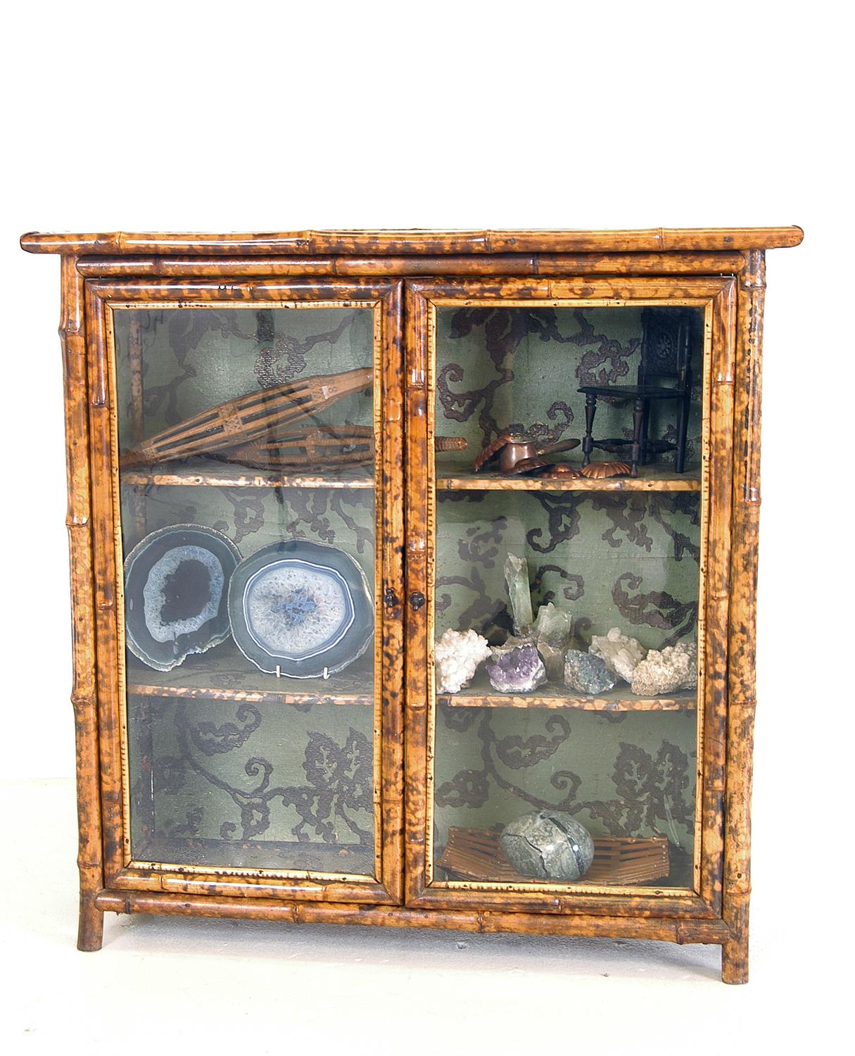 Japanned English Victorian Anglo-Japanese Tortoishell Bamboo 2-Door Cabinet Bookshelf