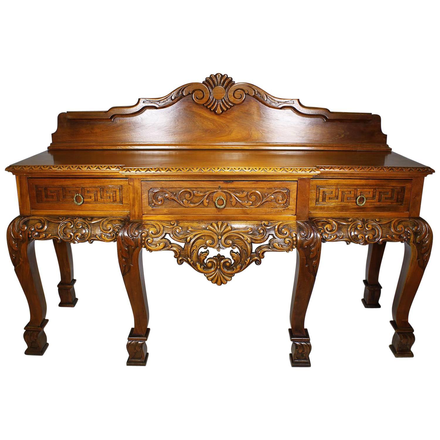 English 19th-20th Century Chippendale Style Carved Light-Walnut Server Buffet