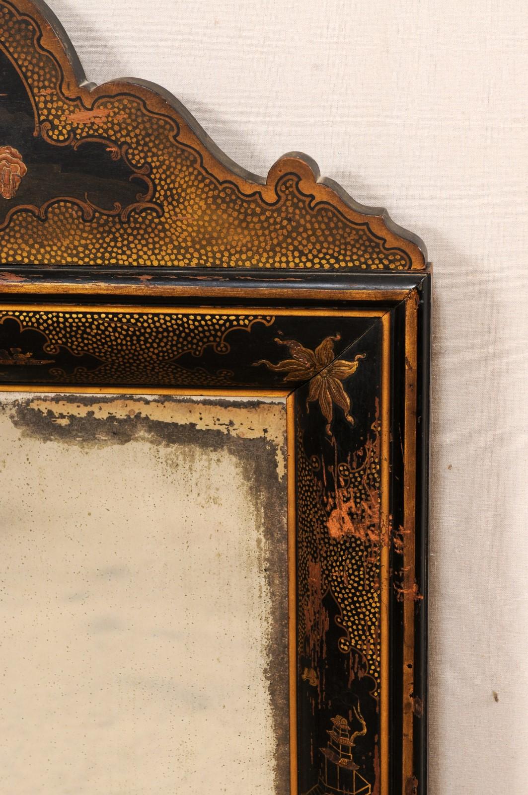 19th Century English 19th C. Black Chinoiserie Mirror w/Asian Landscape & Exotic Floral Motif