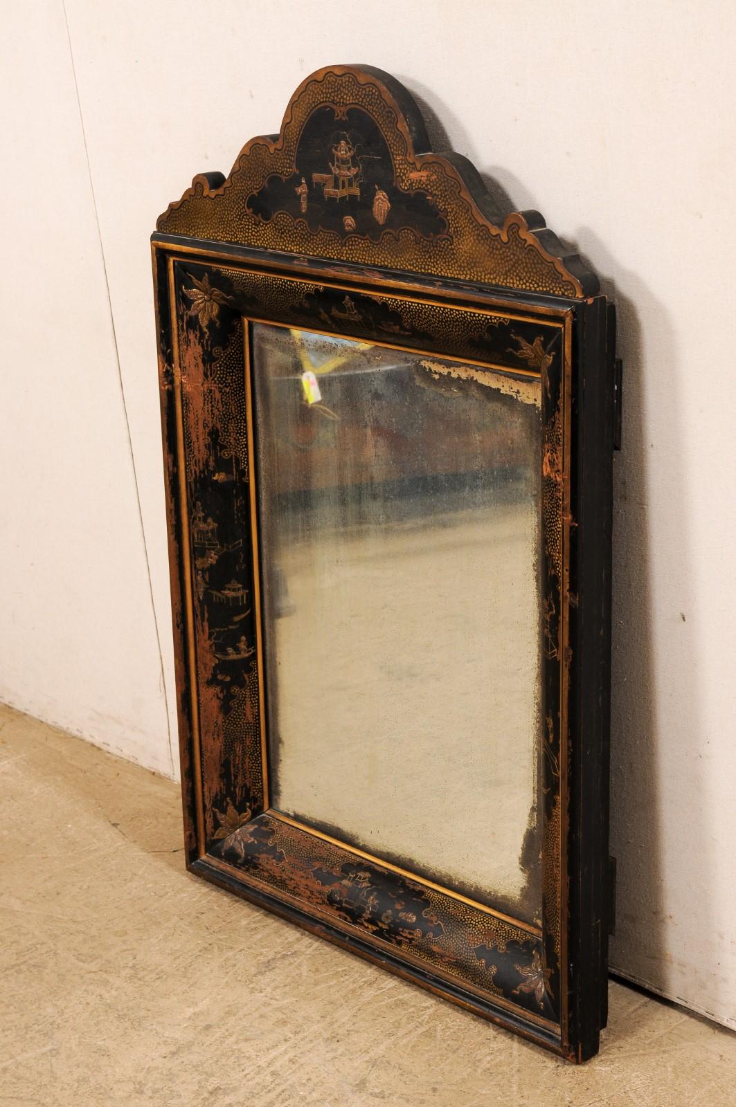 English 19th C. Black Chinoiserie Mirror w/Asian Landscape & Exotic Floral Motif 1