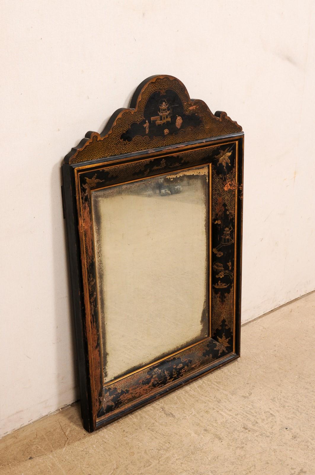 English 19th C. Black Chinoiserie Mirror w/Asian Landscape & Exotic Floral Motif 2