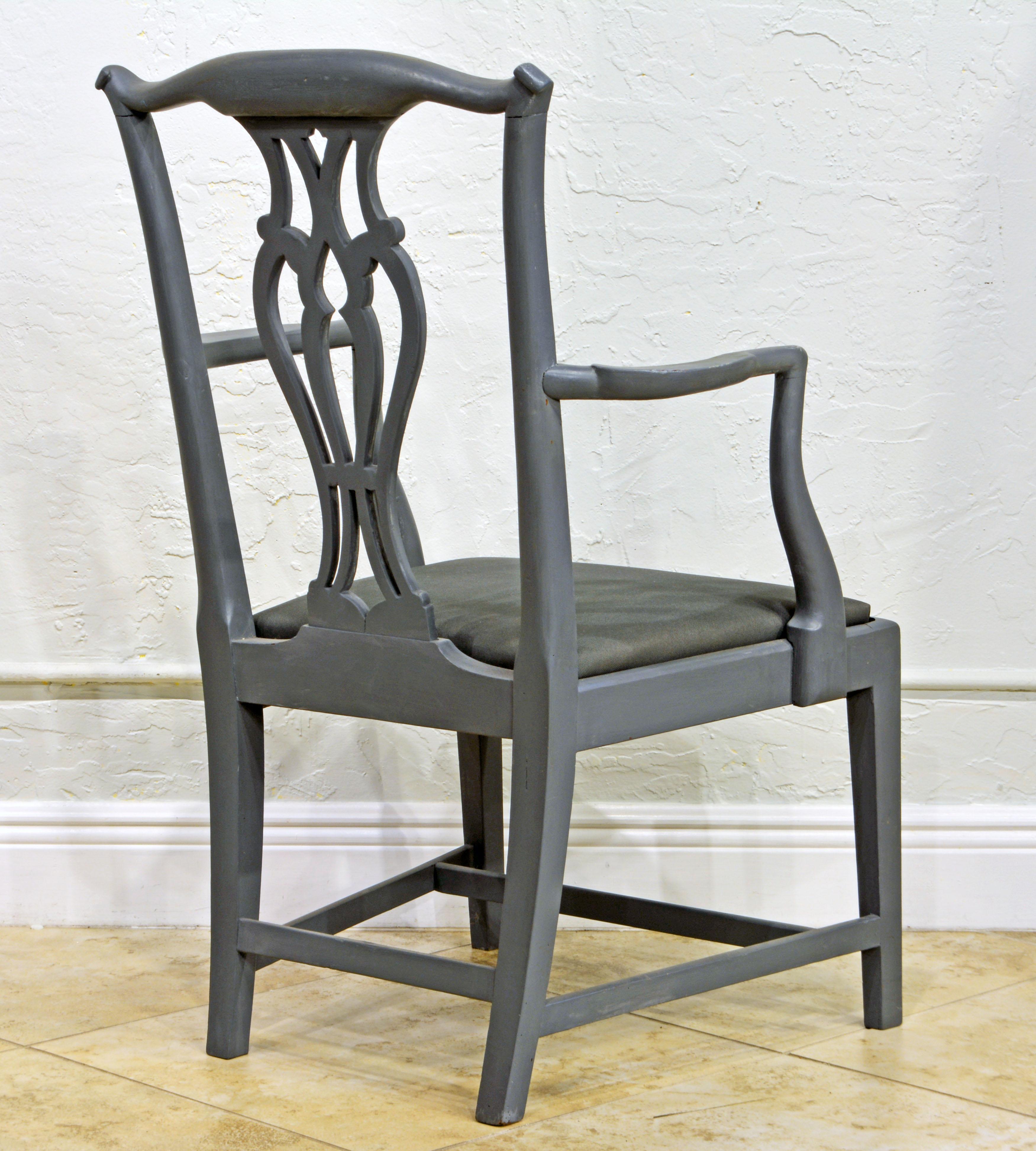 Chippendale English 19th C. Carved Gustavian Style Gray Painted Armchair with Matching Seat