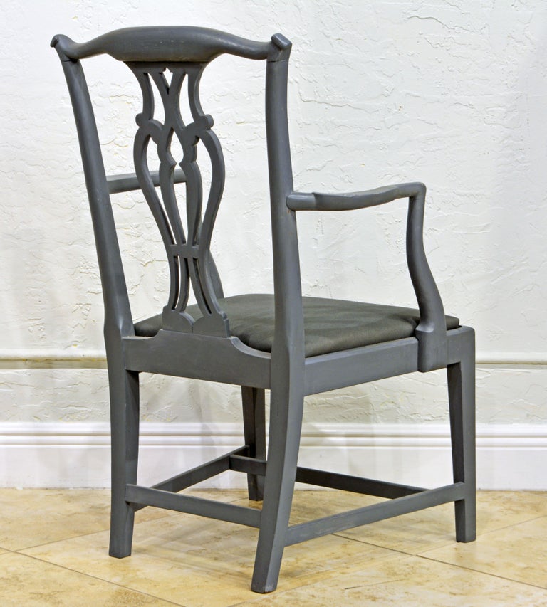 Chippendale English 19th C. Carved Gustavian Style Gray Painted Armchair with Matching Seat For Sale