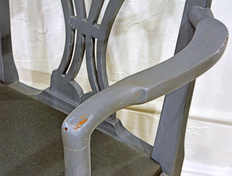 English 19th C. Carved Gustavian Style Gray Painted Armchair with Matching Seat For Sale 2