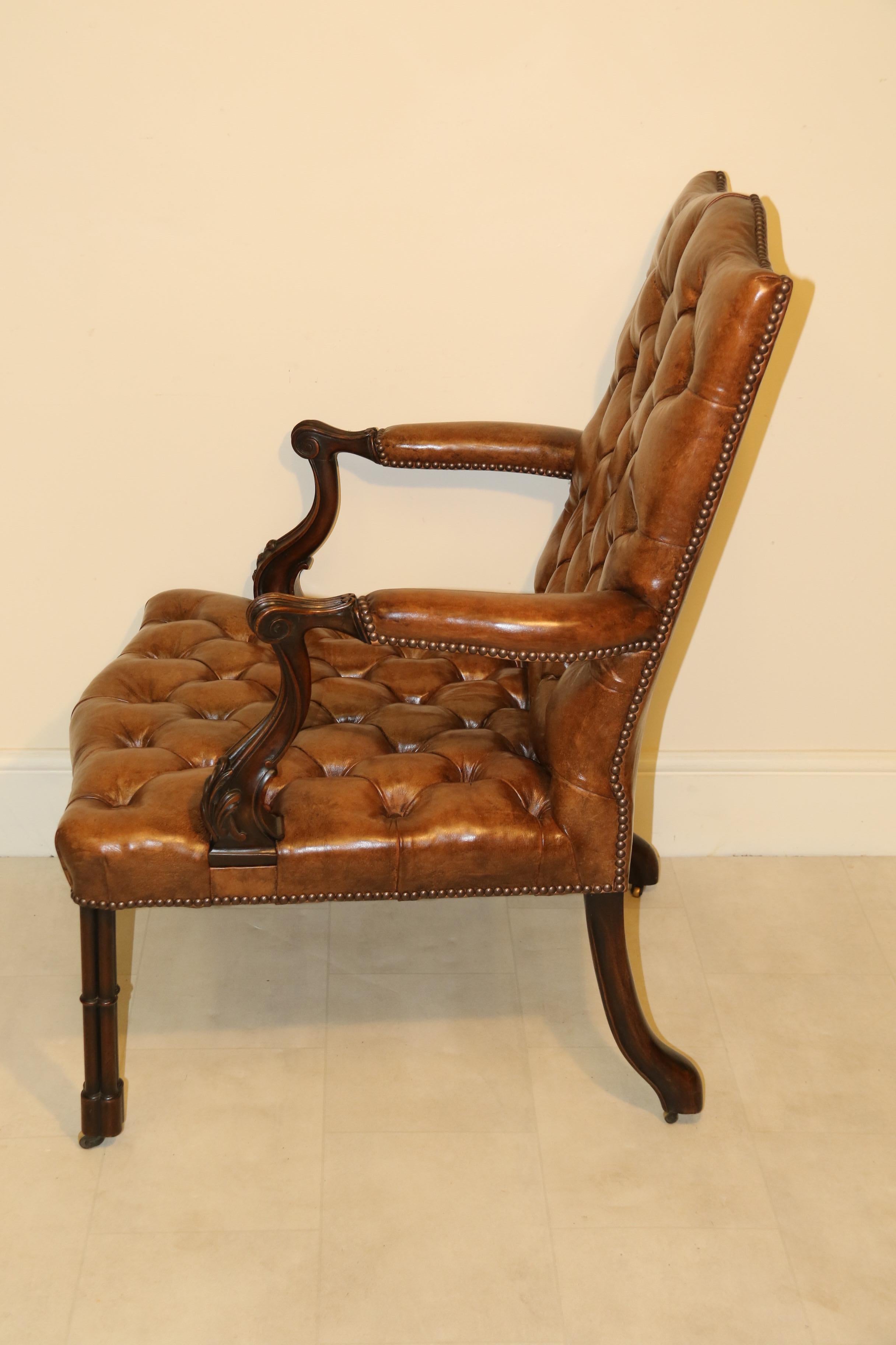 English Chippendale Style Leather Upholstered Gainsborough Type Armchair For Sale 12