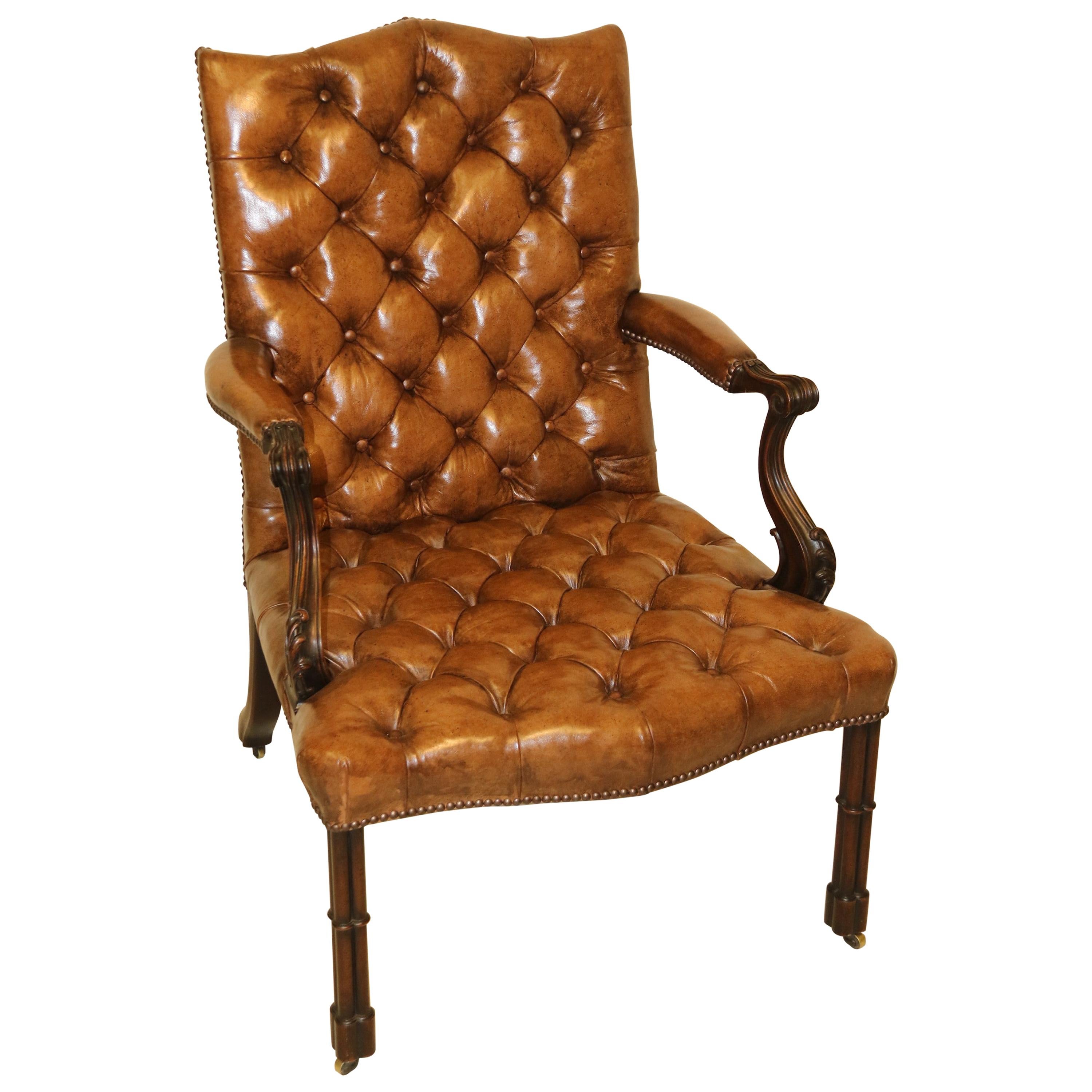 English Chippendale Style Leather Upholstered Gainsborough Type Armchair For Sale