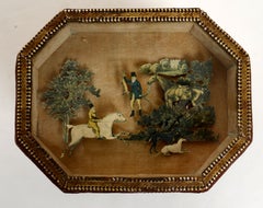 English 19th c Faux Tortoise Paper Covered Box With Diorama of a Hunting Scene