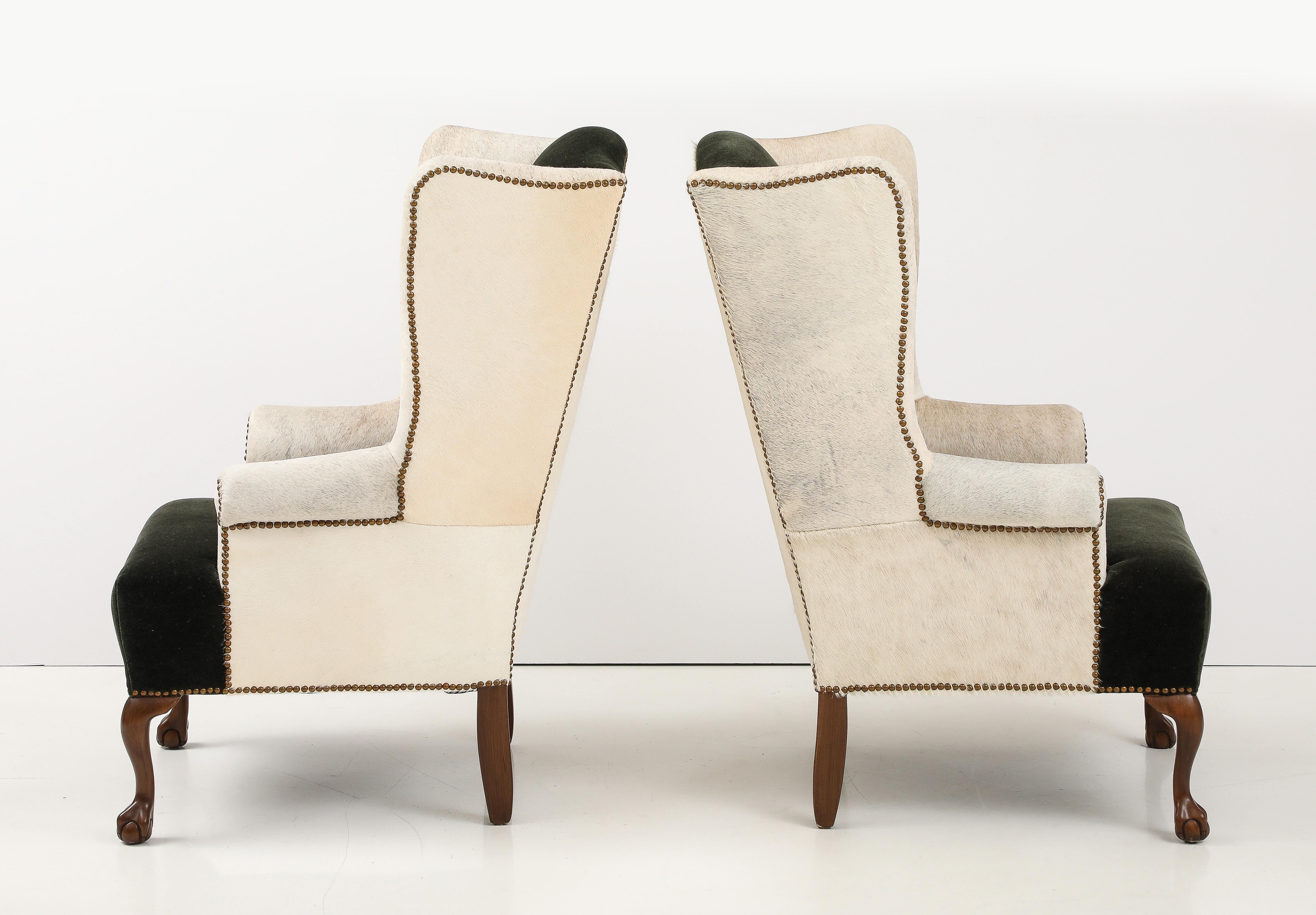 Pellame Sedie Wingback inglesi del XIX secolo in mohair color verde giaguaro in vendita