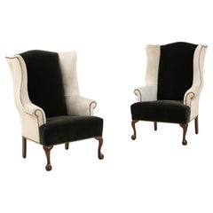 English 19th C. Hide/Jaguar Green Mohair Wingback Chairs