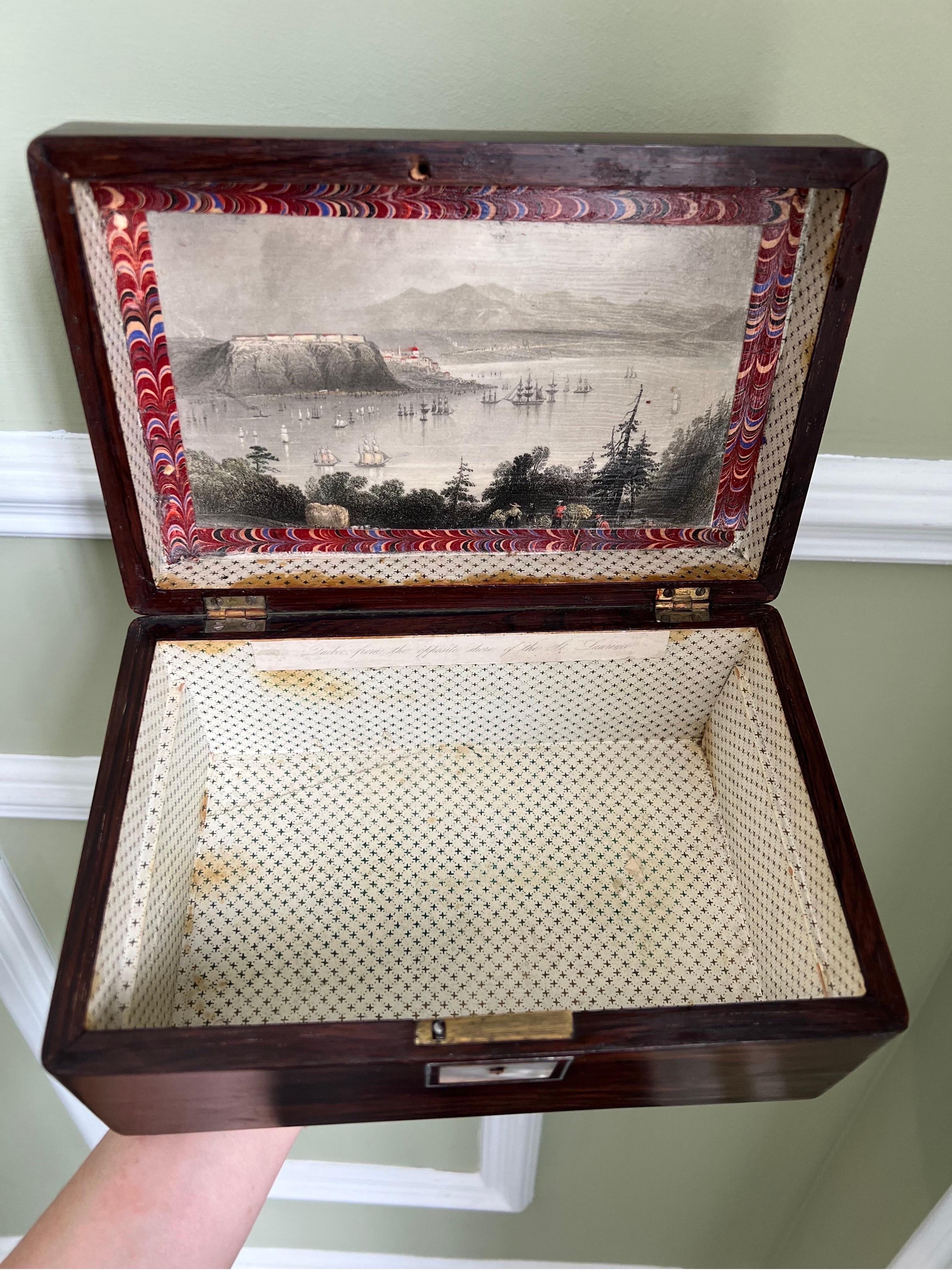 English 19th C. Mahogany Mother of Pearl Trim Box with W.H. Bartlett Etching 2