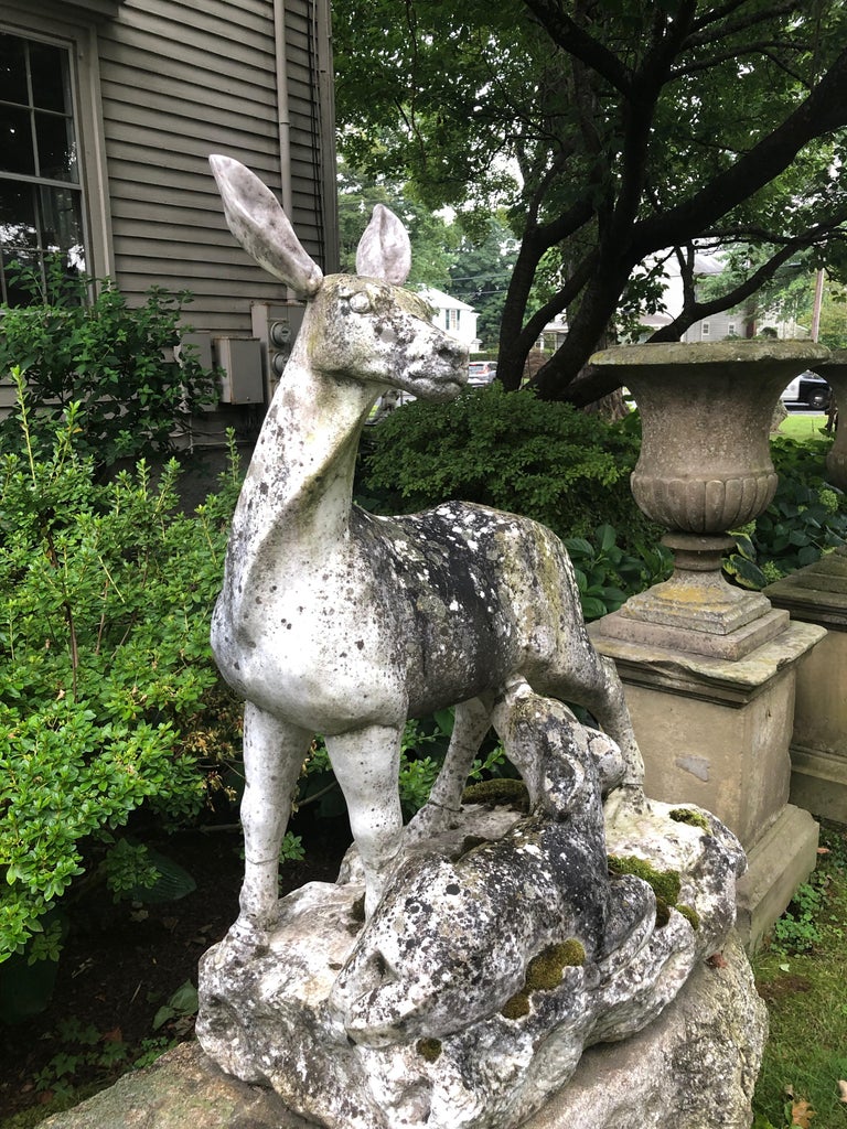 Hand-Carved English 19th Century Marble Statue of Doe and Dawn on Boulder Pedestal For Sale