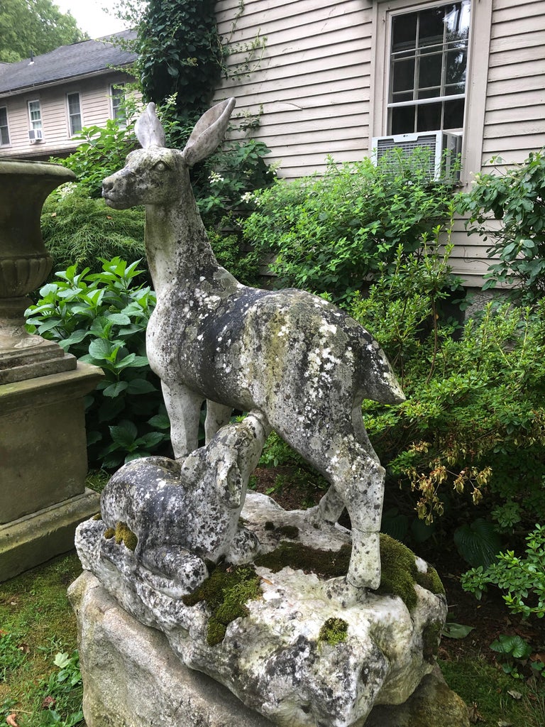 English 19th Century Marble Statue of Doe and Dawn on Boulder Pedestal In Good Condition For Sale In Woodbury, CT