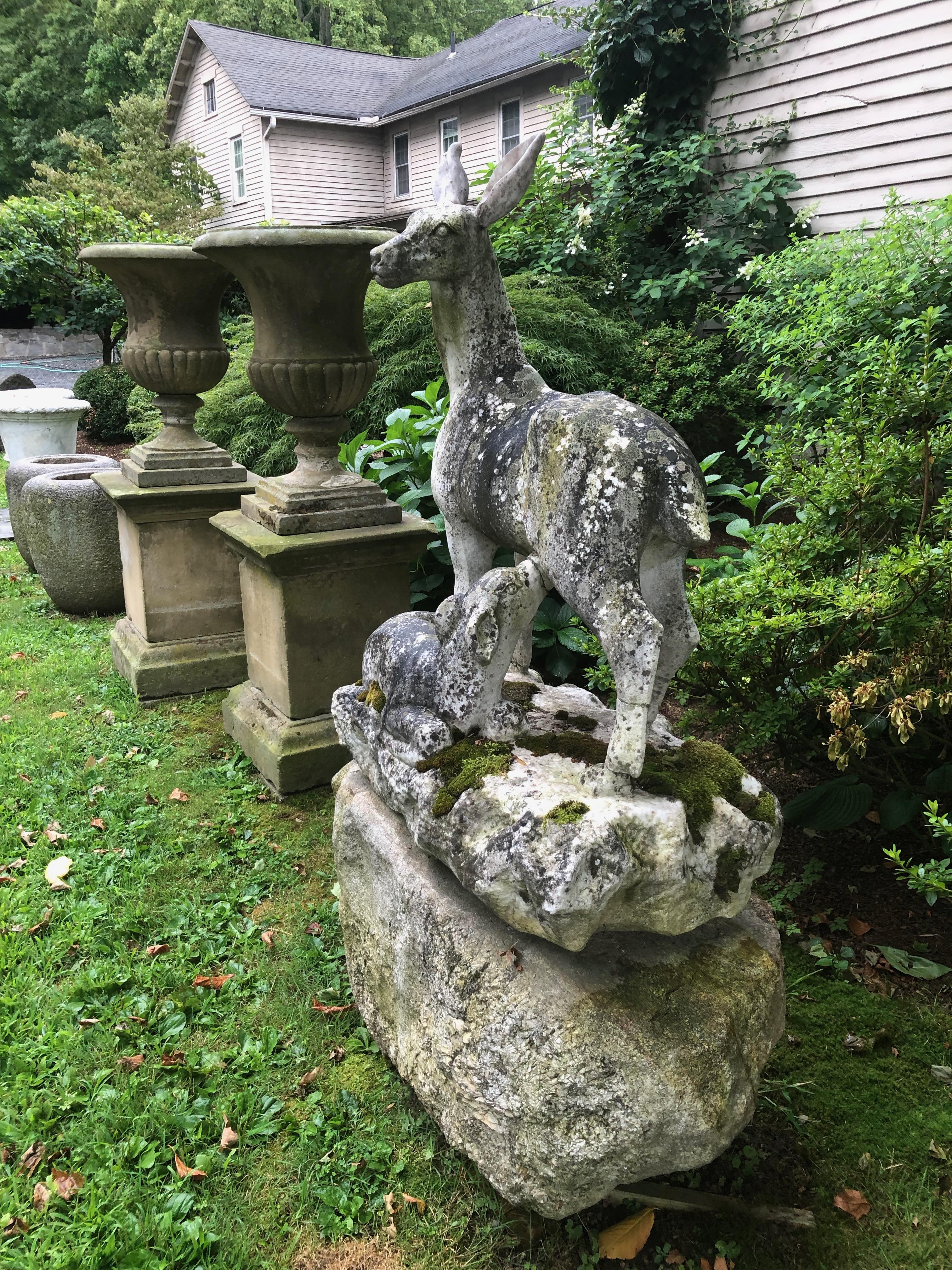 Hand-Carved English 19th Century Marble Statue of Doe and Dawn on Boulder Pedestal