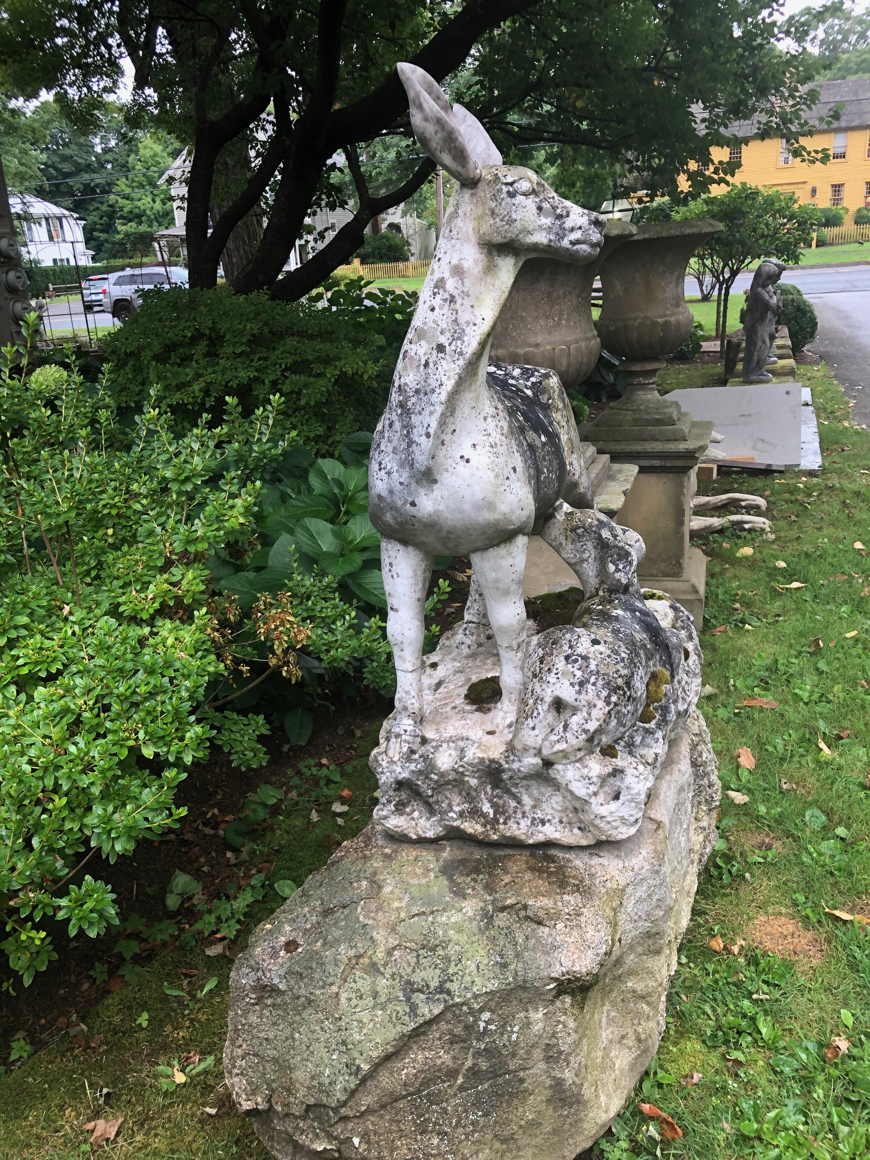 English 19th Century Marble Statue of Doe and Dawn on Boulder Pedestal In Good Condition In Woodbury, CT