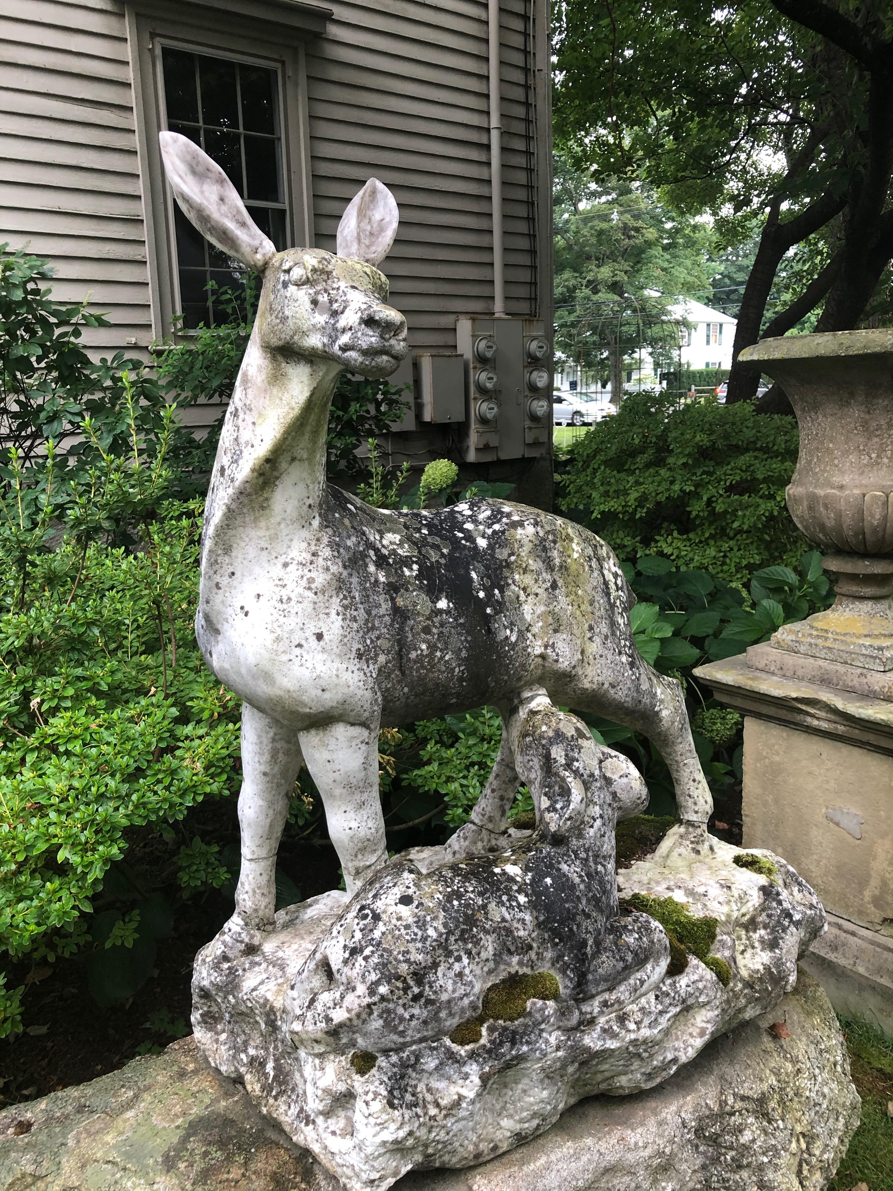 Stone English 19th Century Marble Statue of Doe and Dawn on Boulder Pedestal
