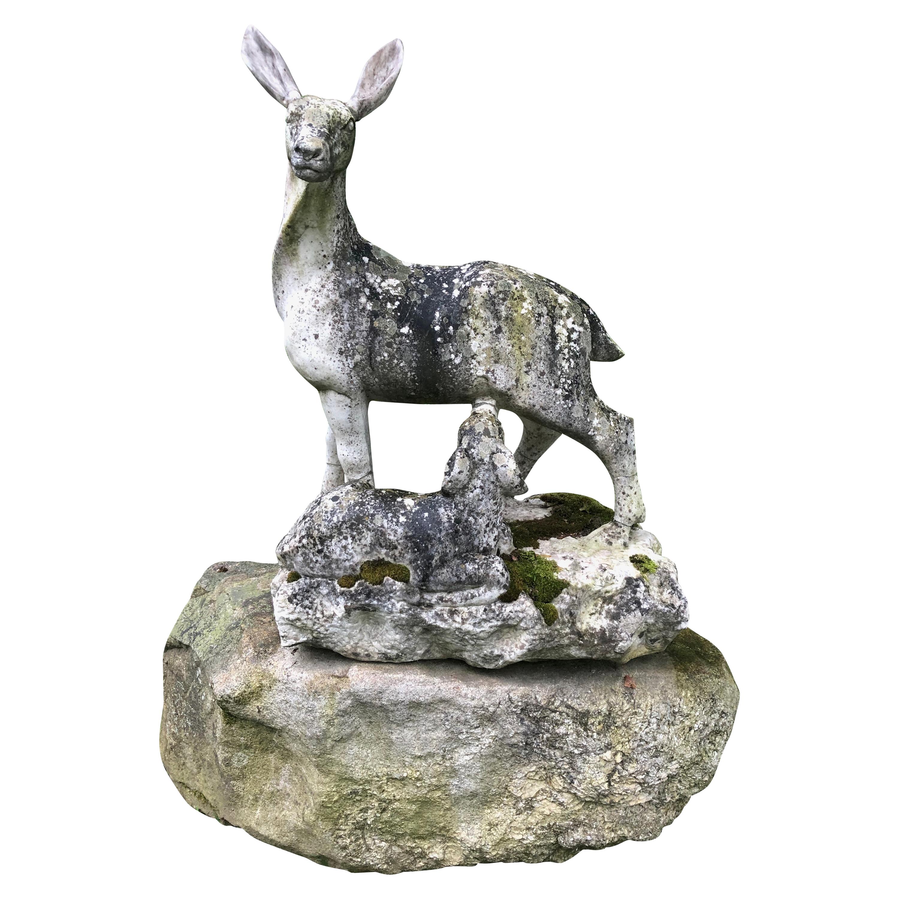 English 19th Century Marble Statue of Doe and Dawn on Boulder Pedestal