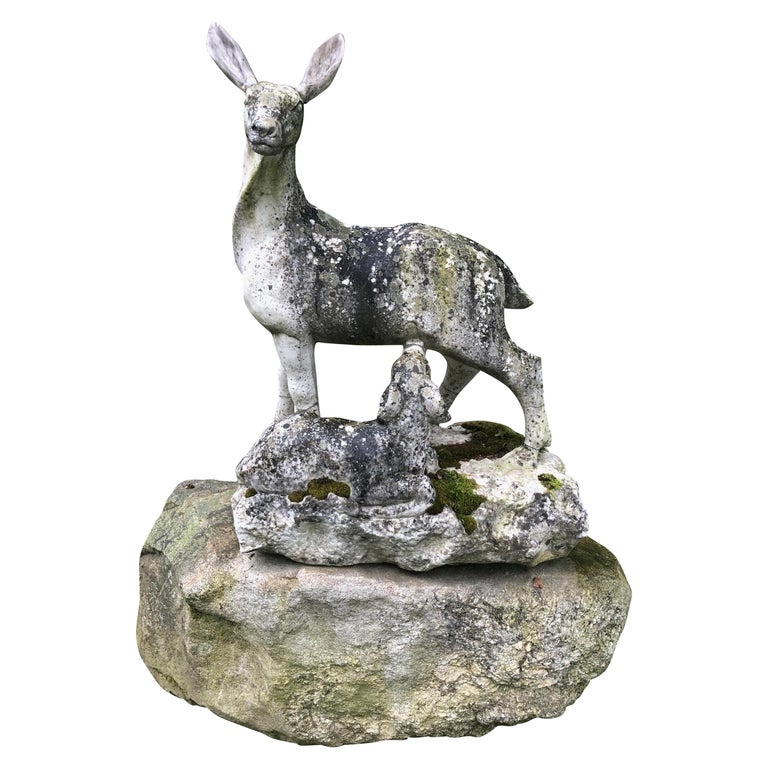 English 19th Century Marble Statue of Doe and Dawn on Boulder Pedestal For Sale