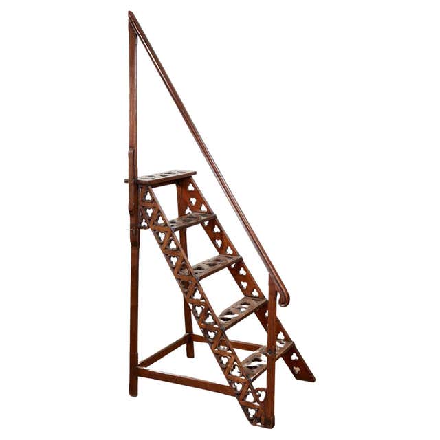 Solid Oak Wood Library Ladder with Wood Handrail at 1stDibs