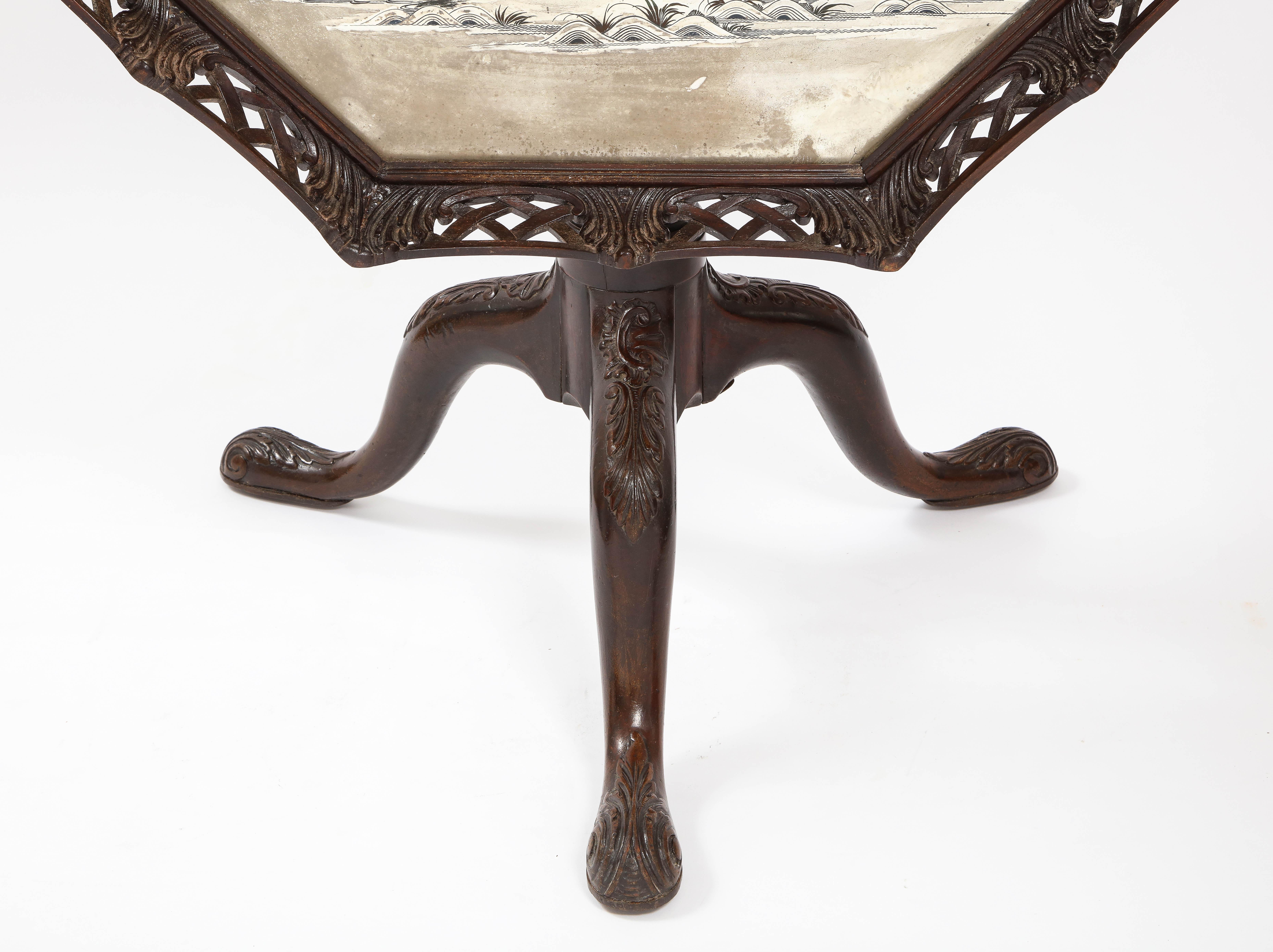 English 19th C. Octagonal Tilt-Top Table w/ Chinoiseries Reverse on Glass Top For Sale 7