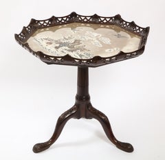 English 19th C. Octagonal Tilt-Top Table w/ Chinoiseries Reverse on Glass Top