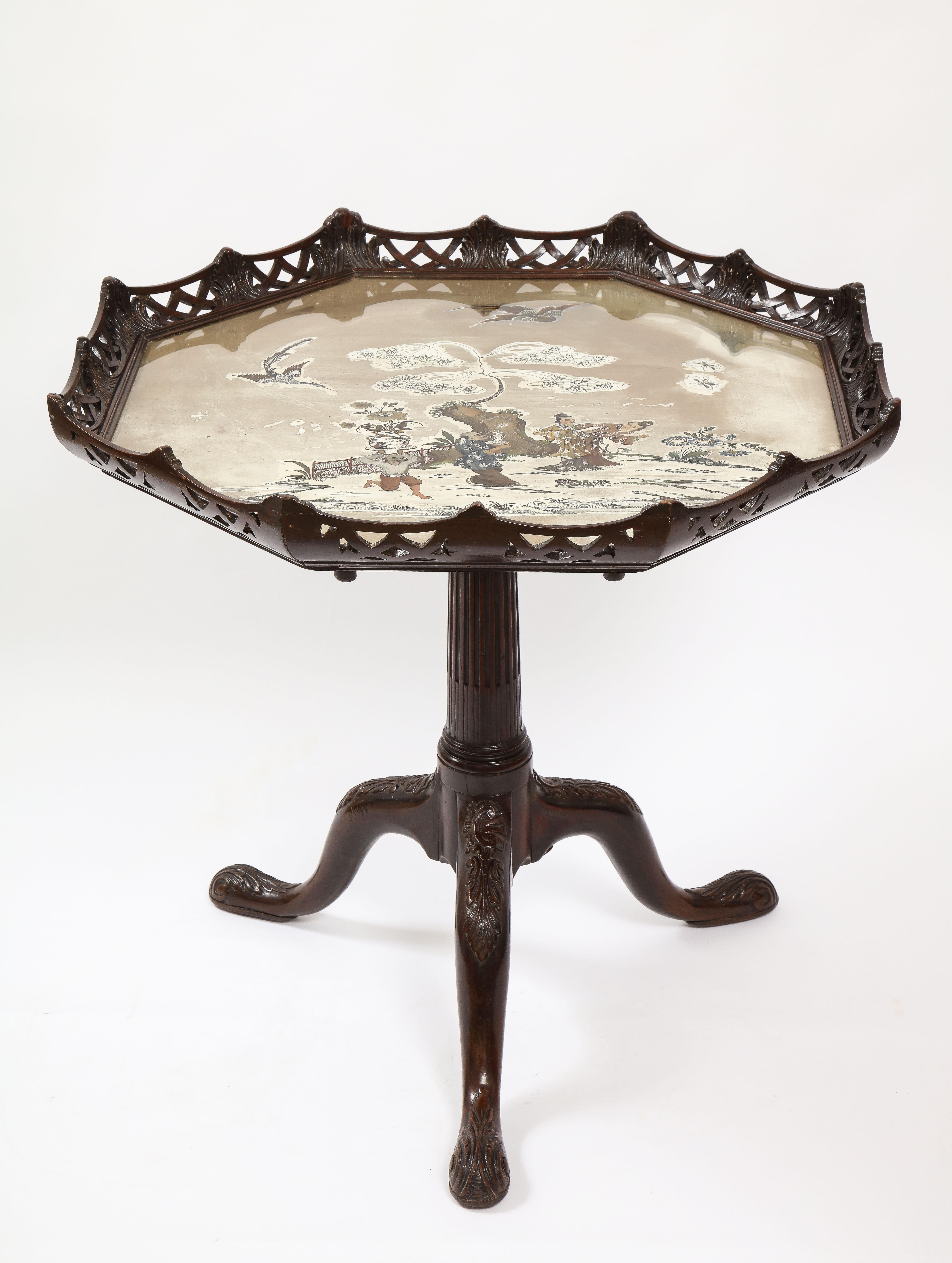 Hand-Carved English 19th C. Octagonal Tilt-Top Table w/ Chinoiseries Reverse on Glass Top For Sale