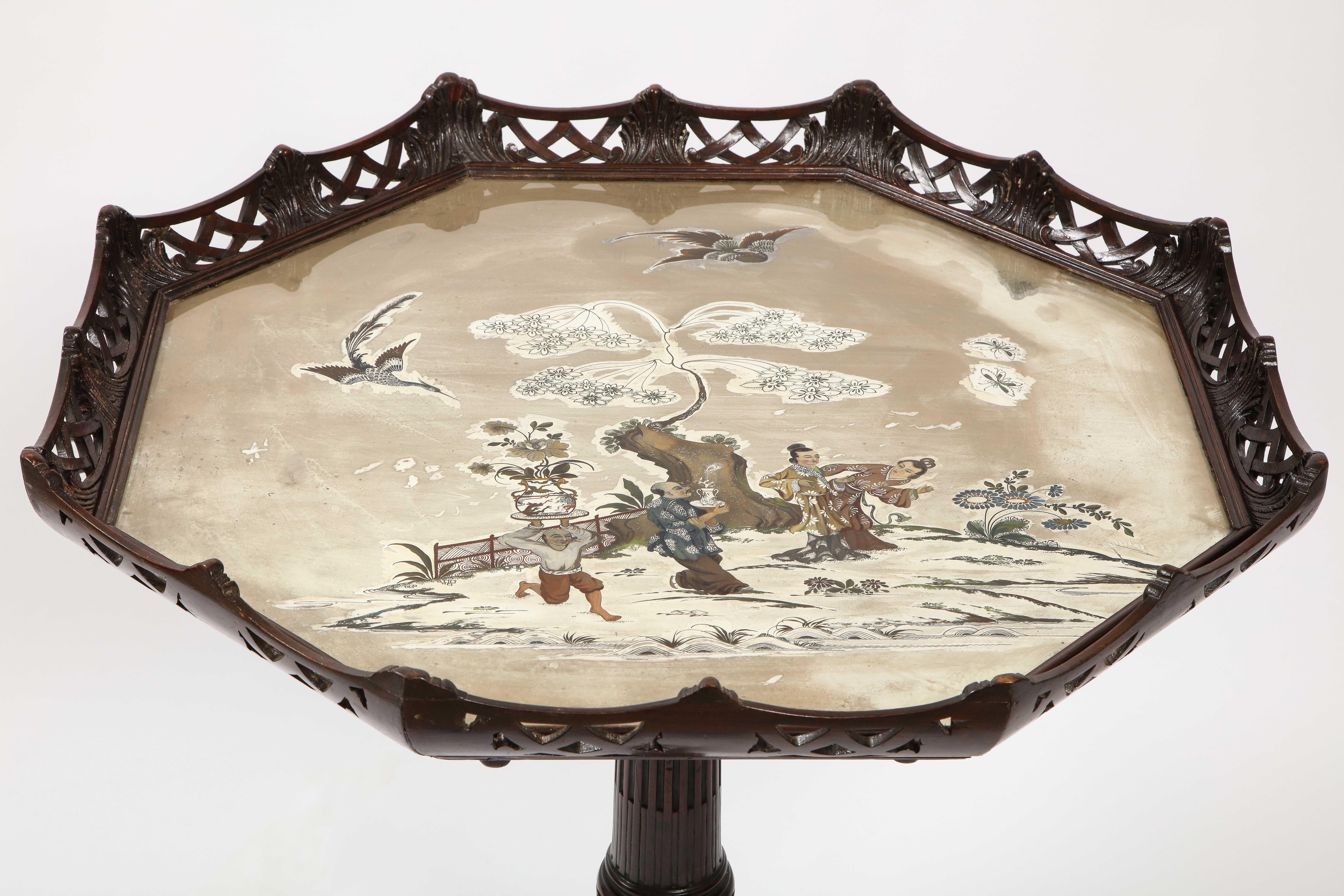English 19th C. Octagonal Tilt-Top Table w/ Chinoiseries Reverse on Glass Top For Sale 1