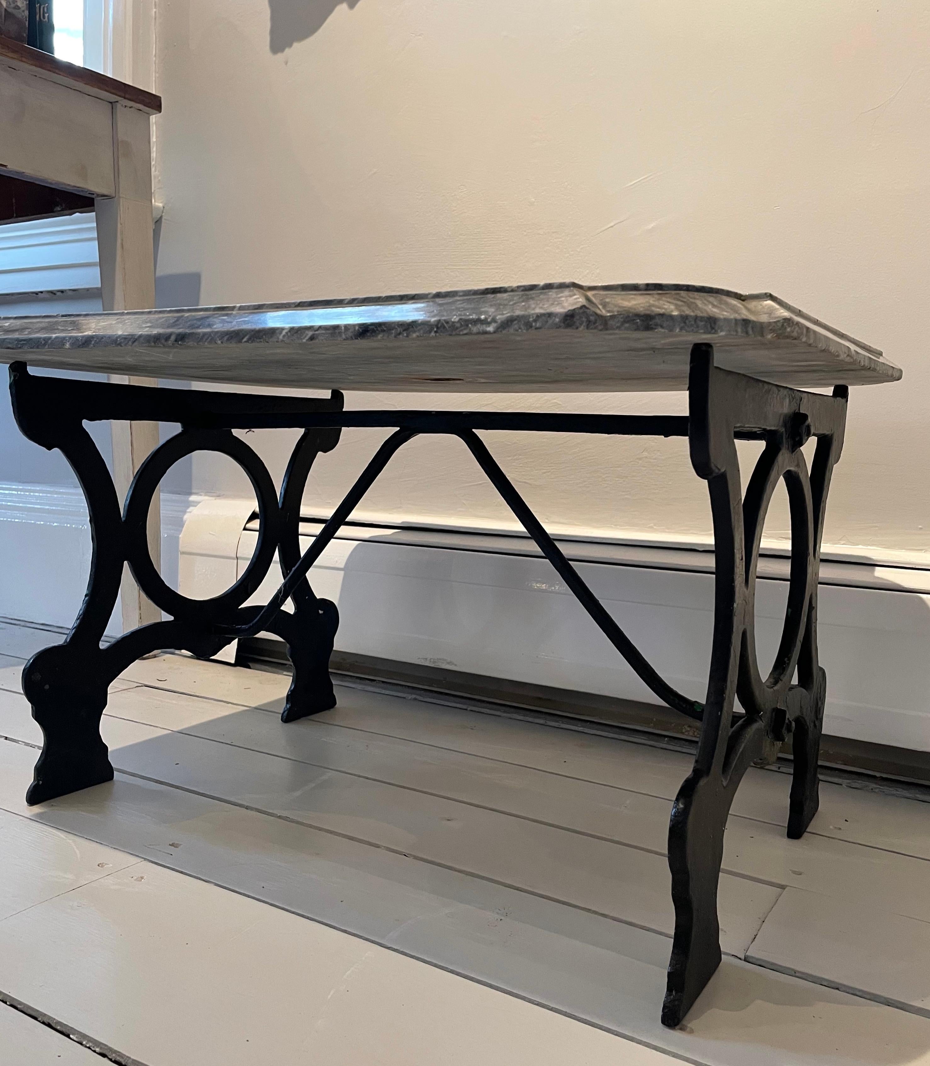 Beveled English 19th Century Rectangular Cast Iron Table with Grey Marble Top For Sale