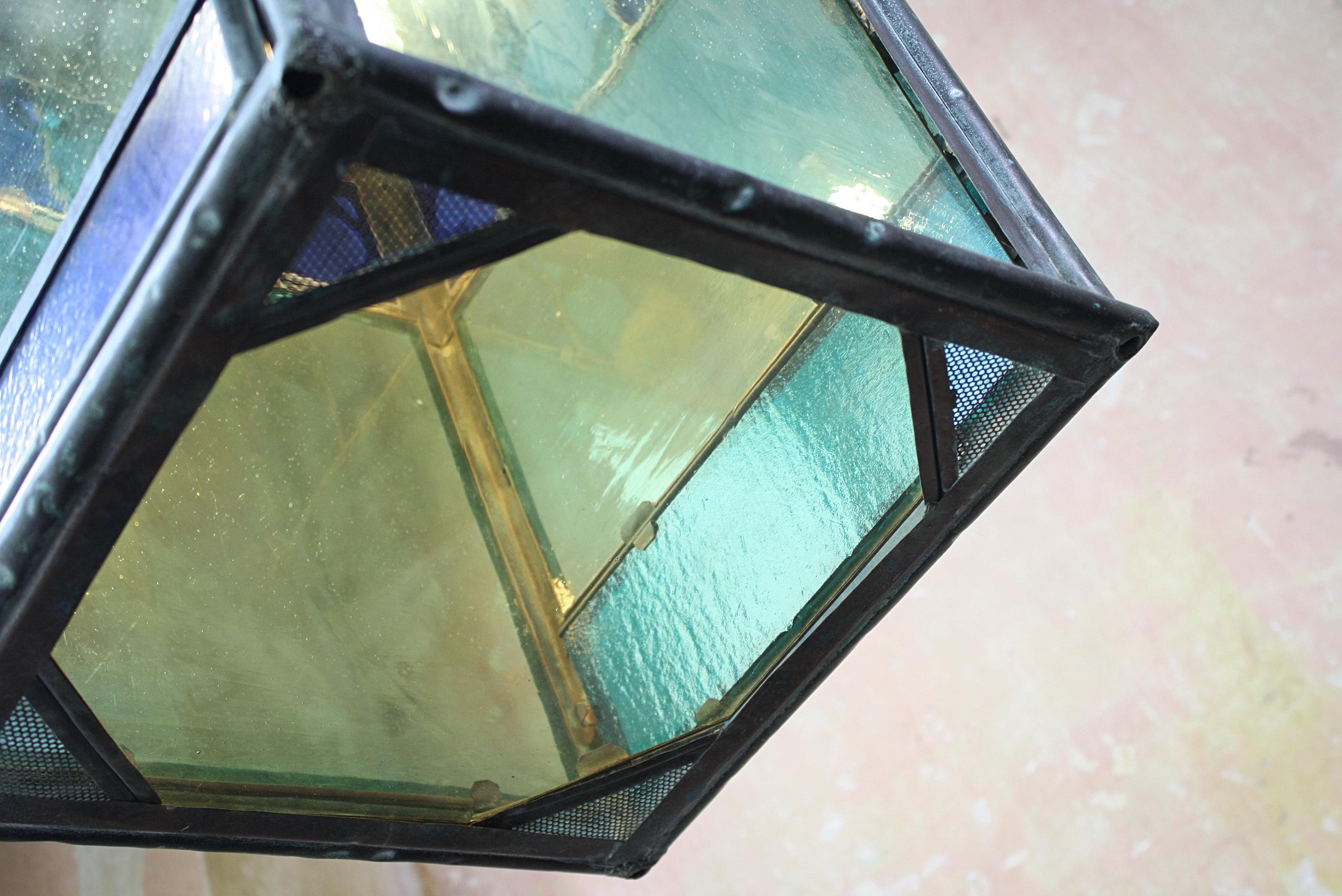 English 19th C Teal, Blue & Orange Stained Glass Gothic Copper Verdigris Lantern 10