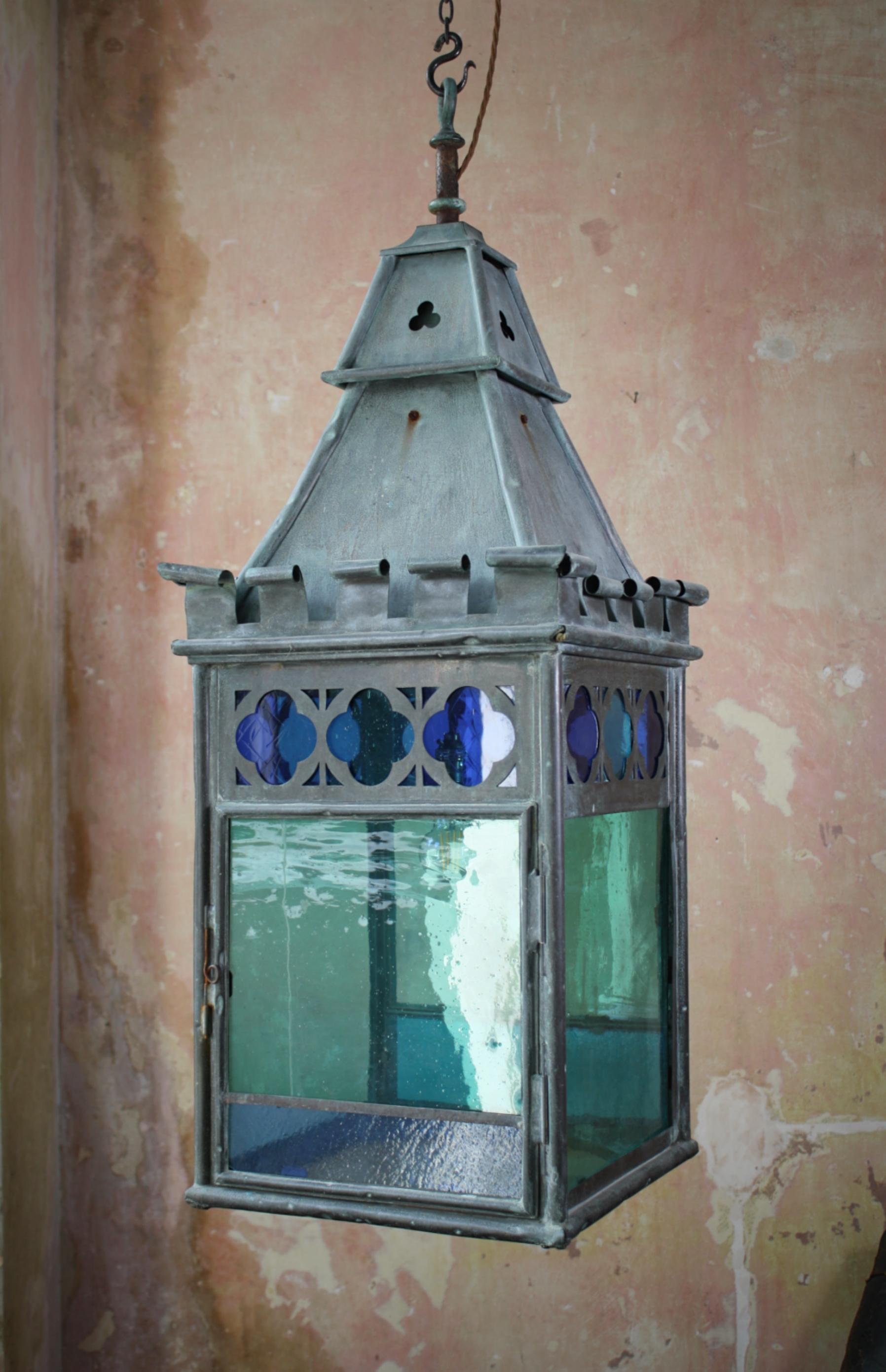 English 19th C Teal, Blue & Orange Stained Glass Gothic Copper Verdigris Lantern 11