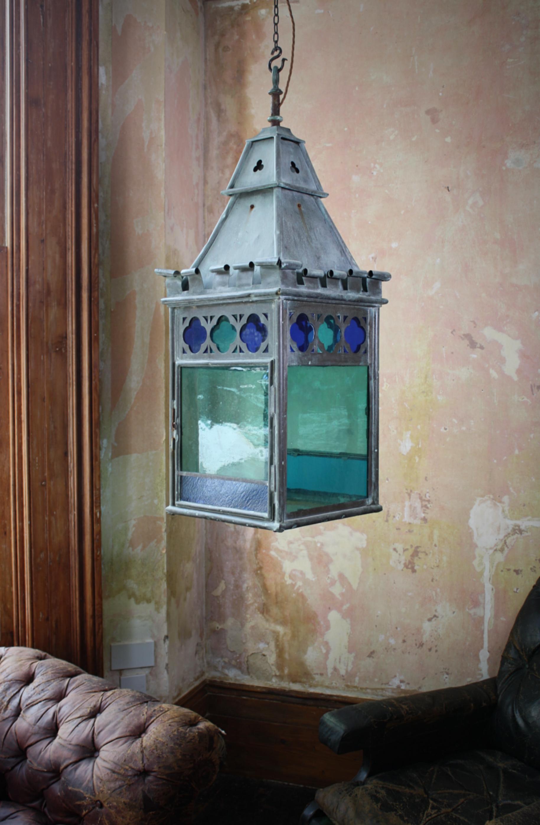 English 19th C Teal, Blue & Orange Stained Glass Gothic Copper Verdigris Lantern 12