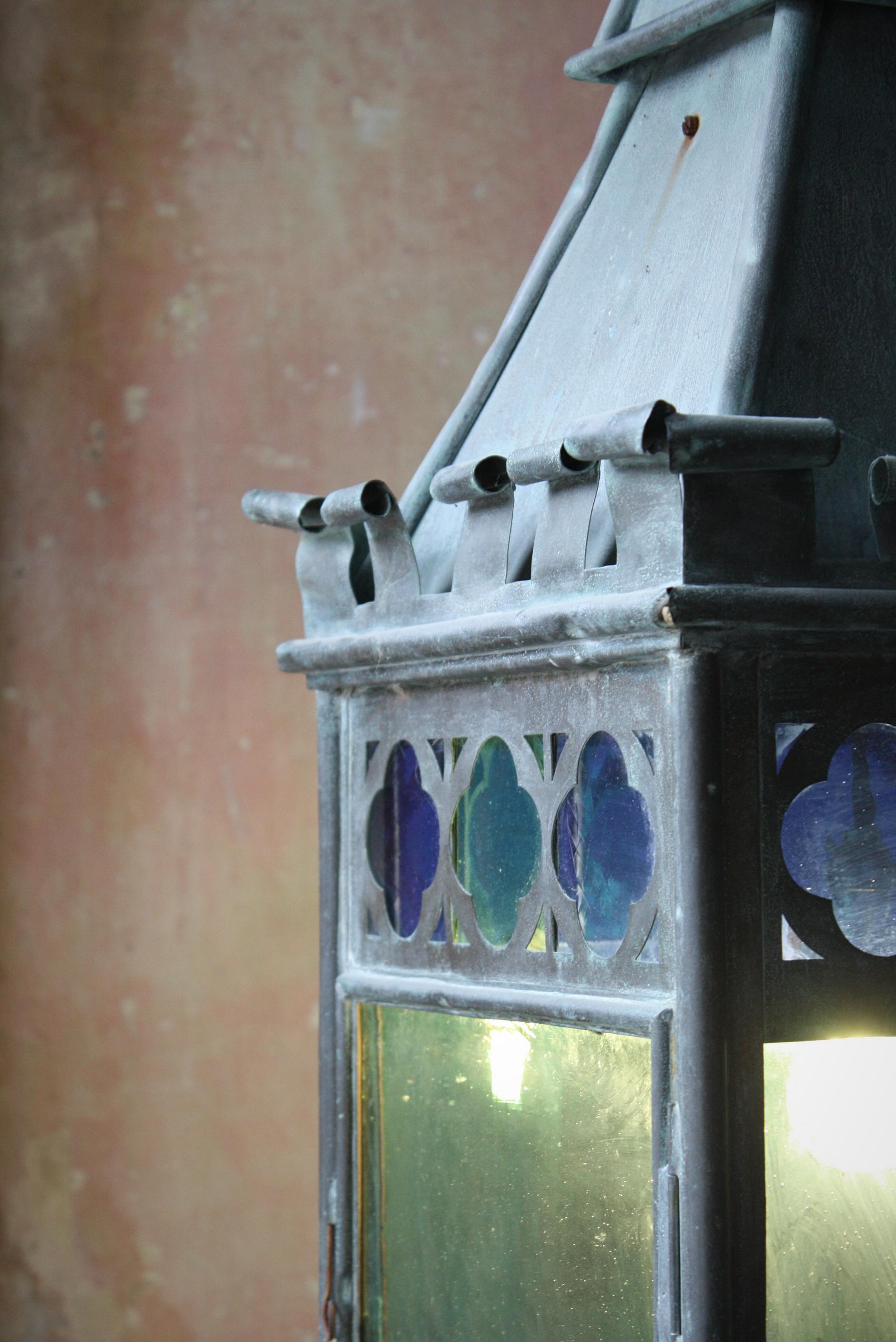 English 19th C Teal, Blue & Orange Stained Glass Gothic Copper Verdigris Lantern In Good Condition In Lowestoft, GB