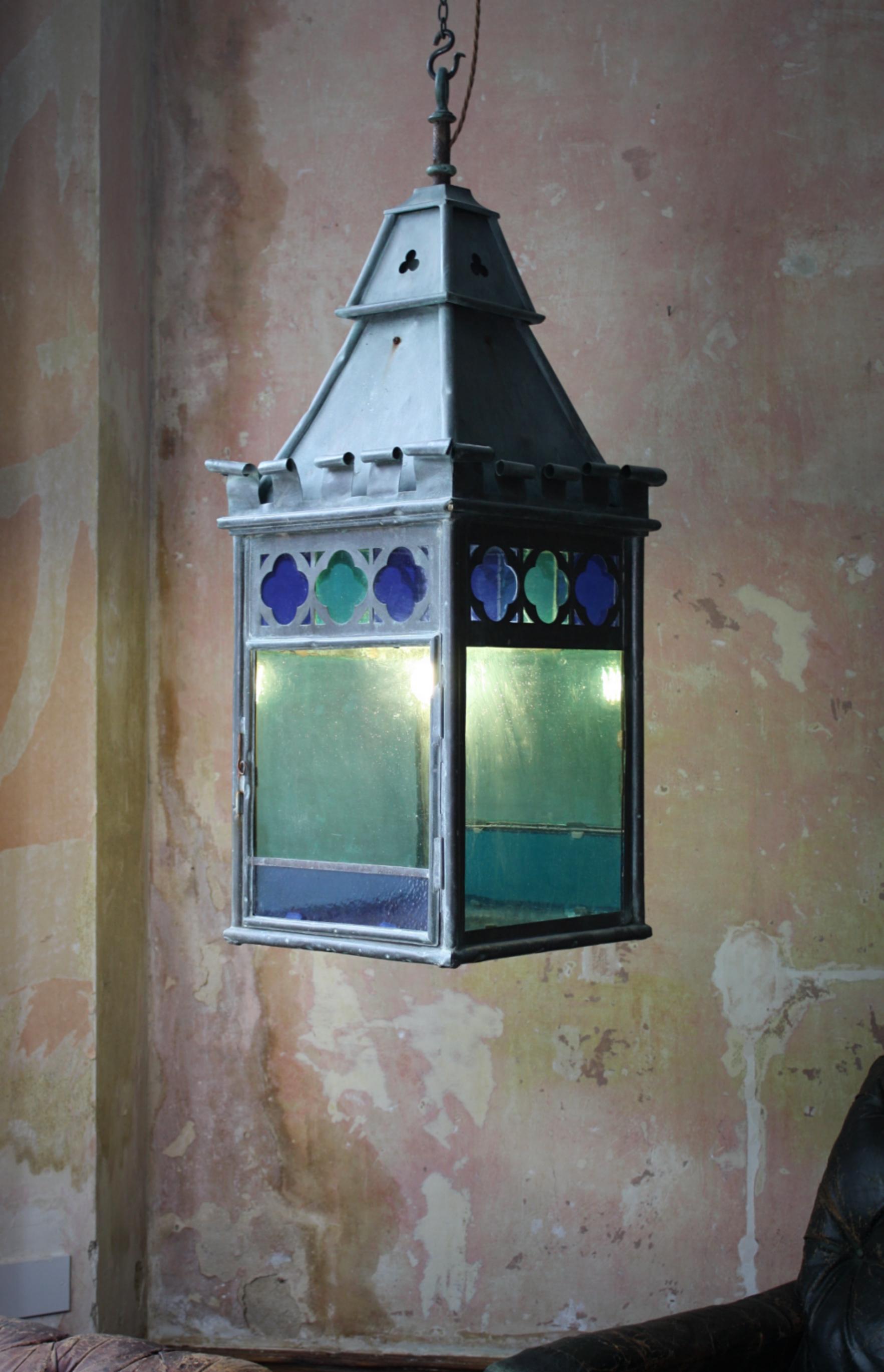 English 19th C Teal, Blue & Orange Stained Glass Gothic Copper Verdigris Lantern 1