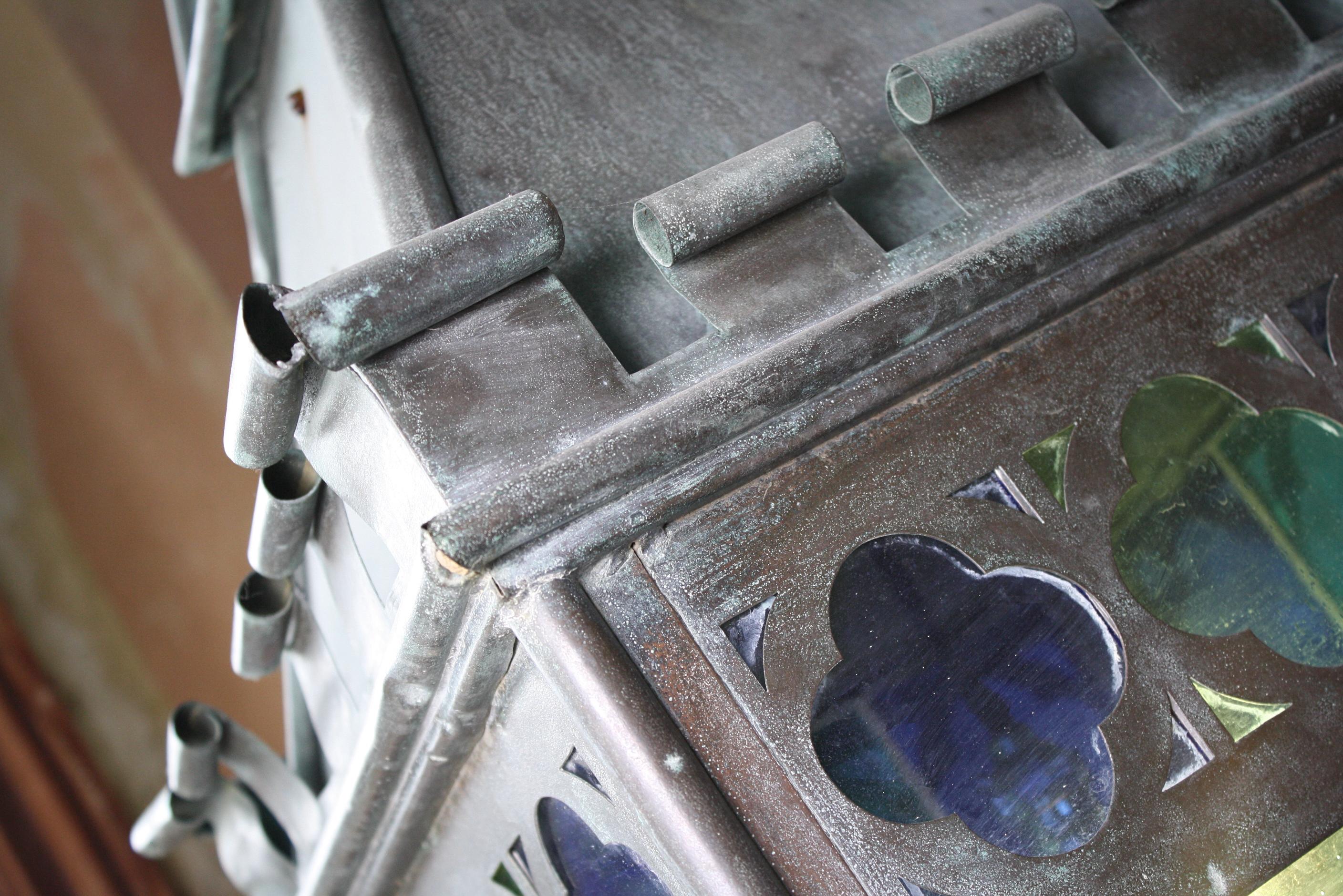 English 19th C Teal, Blue & Orange Stained Glass Gothic Copper Verdigris Lantern 3