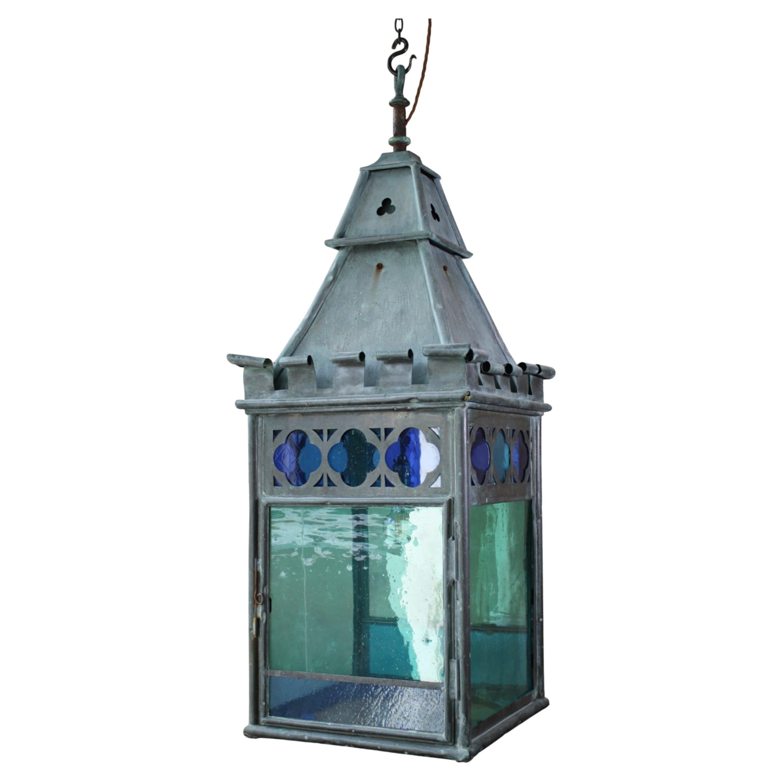 English 19th C Teal, Blue & Orange Stained Glass Gothic Copper Verdigris Lantern