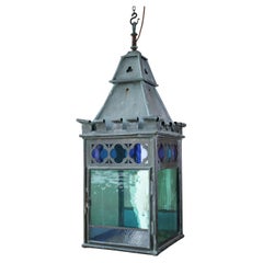 Antique English 19th C Teal, Blue & Orange Stained Glass Gothic Copper Verdigris Lantern