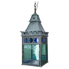 English 19th C Teal, Blue & Orange Stained Glass Gothic Copper Verdigris Lantern