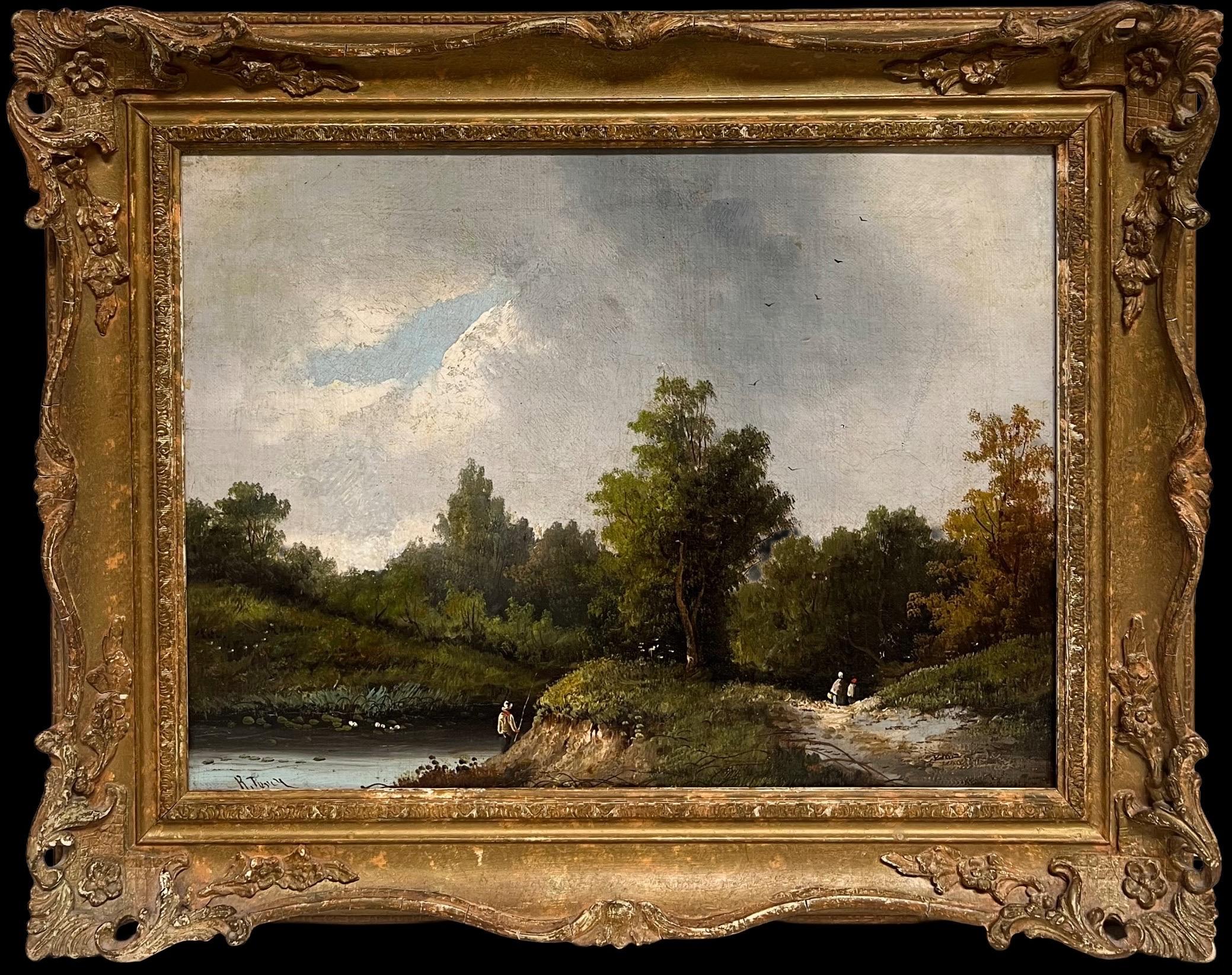 Antique 19th Century English Rural Oil Figures Country River Landscape framed