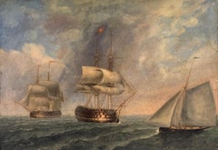 Fine Large Antique Marine Oil Painting Battle Ships at Sea & Sailing Yacht