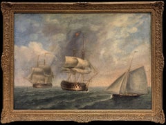 Fine Large Antique Marine Oil Painting Battle Ships at Sea & Sailing Yacht